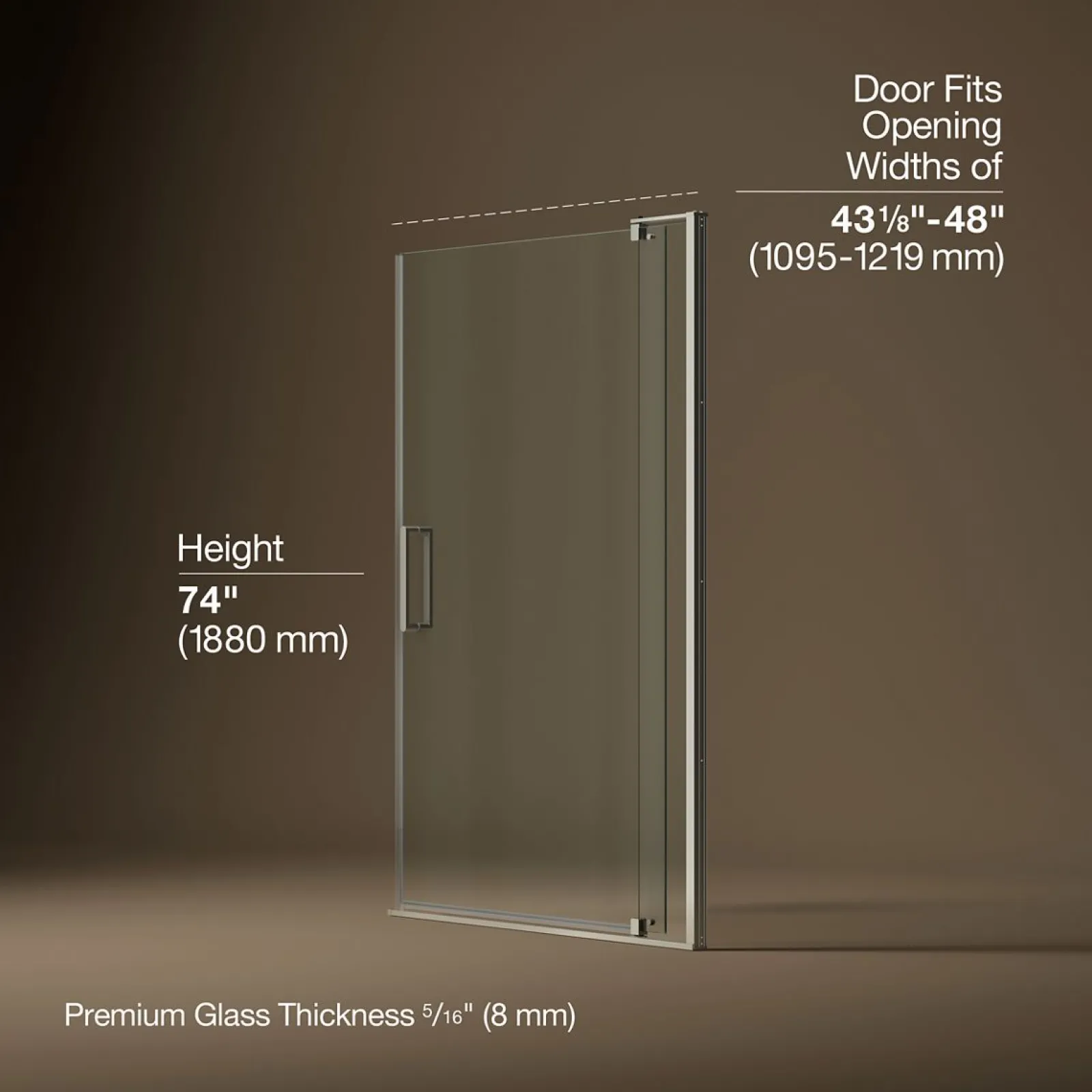 43-1/8"-48" W x 74" H pivot shower door with 5/16"-thick Crystal Clear glass^Kohler New