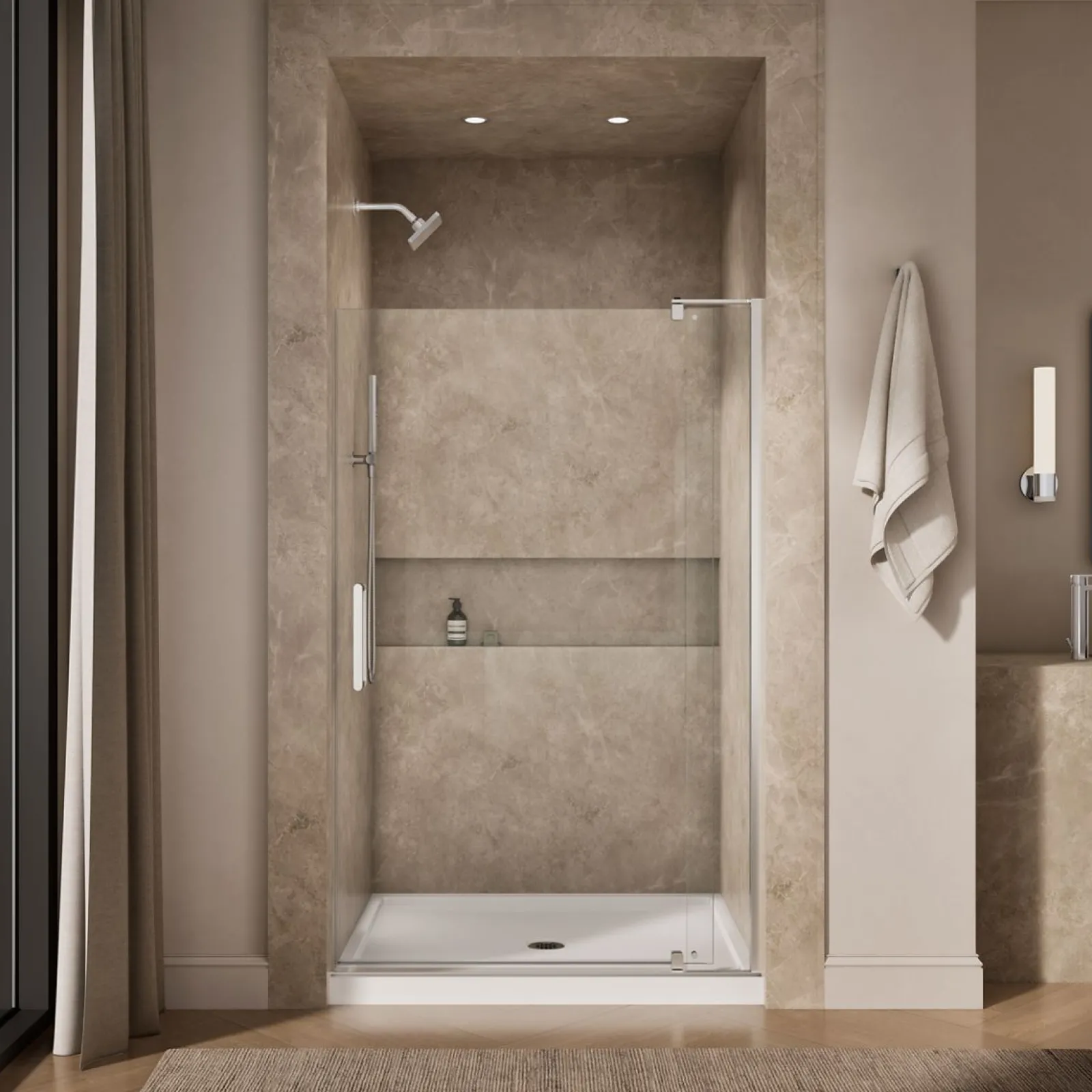 43-1/8"-48" W x 74" H pivot shower door with 5/16"-thick Crystal Clear glass^Kohler New