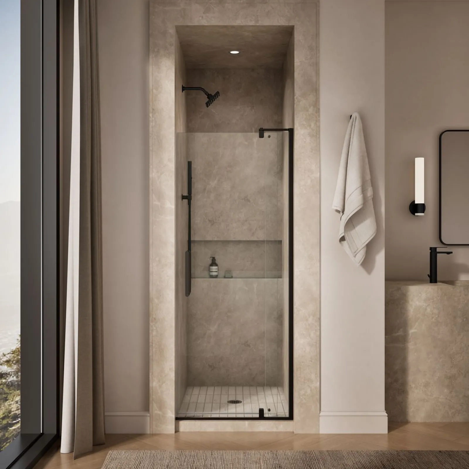 27-5/16"-31-1/8" W x 74" H pivot shower door with 5/16"-thick Crystal Clear glass^Kohler Best