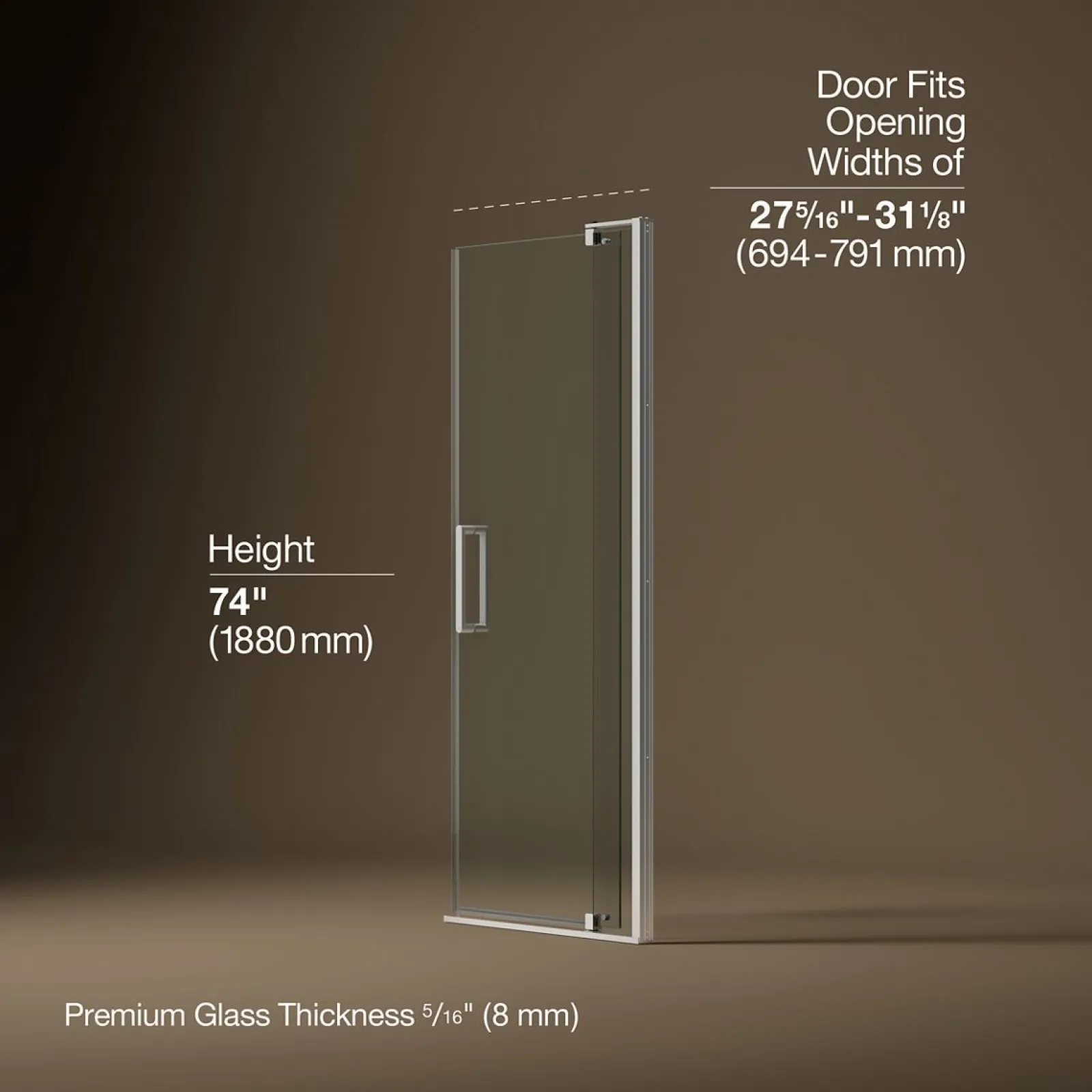 27-5/16"-31-1/8" W x 74" H pivot shower door with 5/16"-thick Crystal Clear glass^Kohler Best