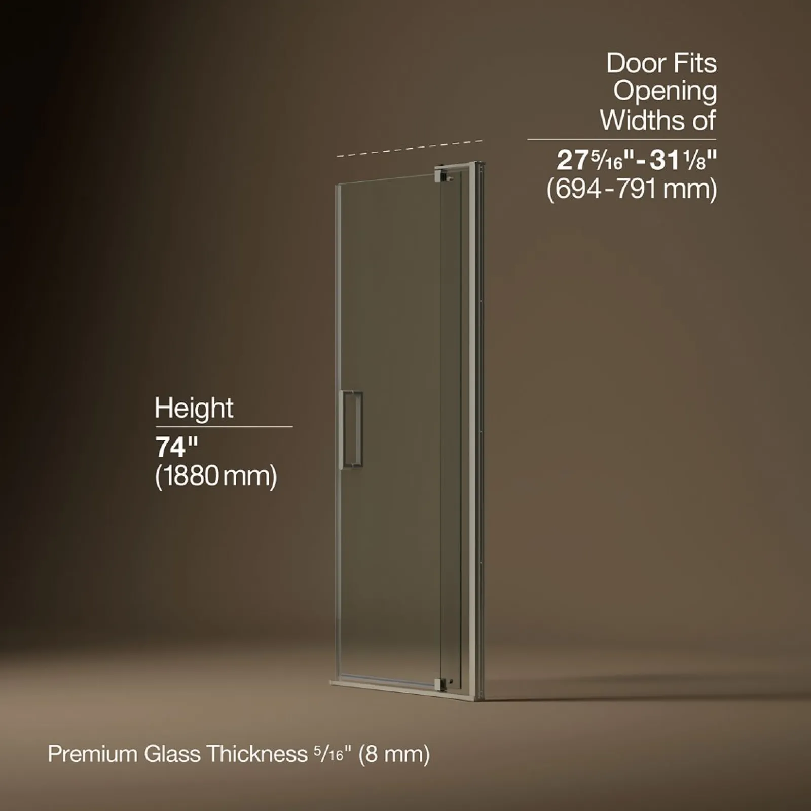 27-5/16"-31-1/8" W x 74" H pivot shower door with 5/16"-thick Crystal Clear glass^Kohler Best