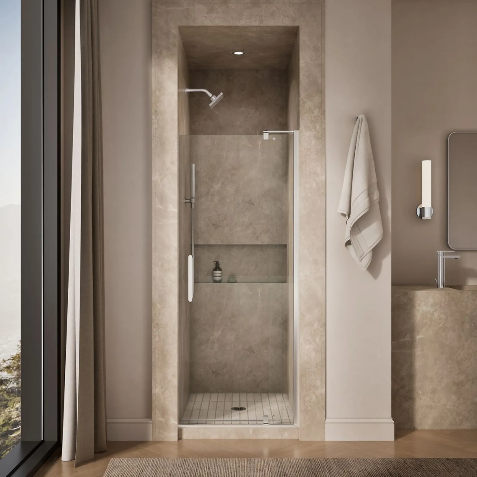 27-5/16"-31-1/8" W x 74" H pivot shower door with 5/16"-thick Crystal Clear glass^Kohler Best