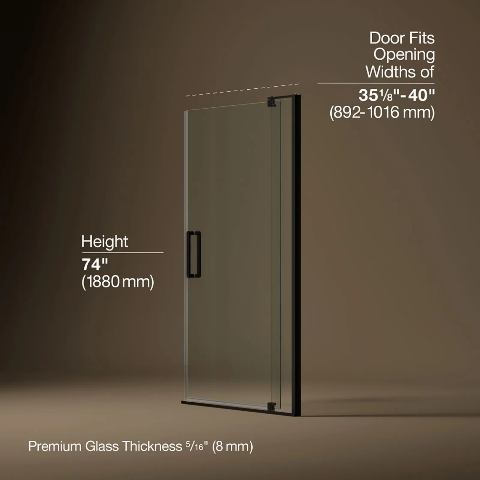 35-1/8"-40" W x 74" H pivot shower door with 5/16"-thick Crystal Clear glass^Kohler Best