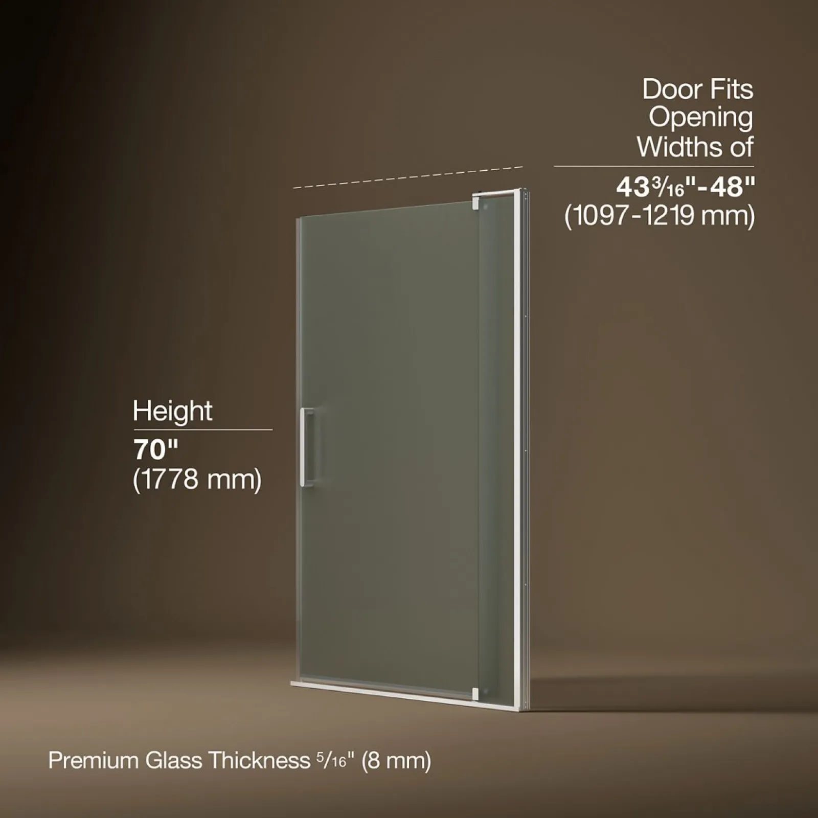 43-1/8"-48" W x 70" H pivot shower door with 5/16"-thick Frosted glass^Kohler