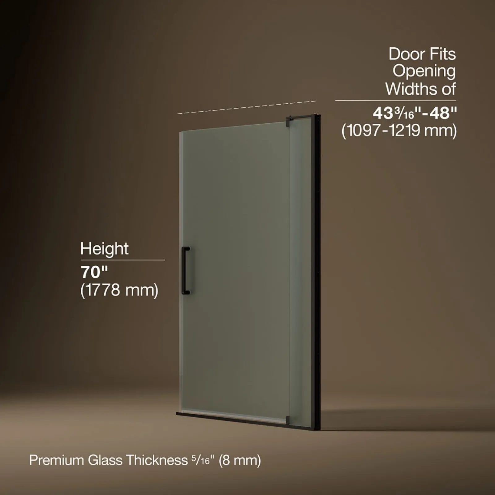 43-1/8"-48" W x 70" H pivot shower door with 5/16"-thick Frosted glass^Kohler