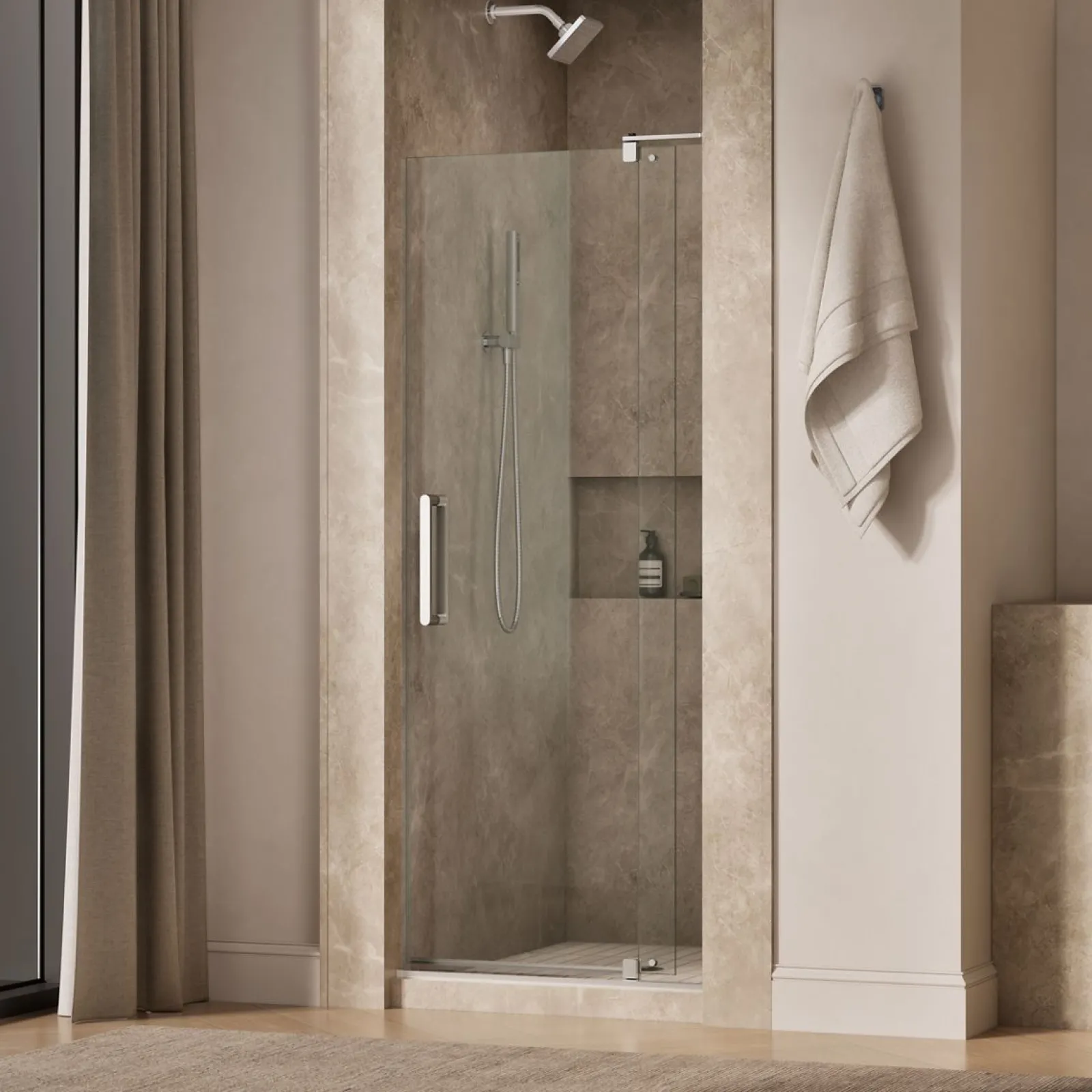 31-1/8"-36" W x 74" H pivot shower door with 5/16"-thick Crystal Clear glass^Kohler New