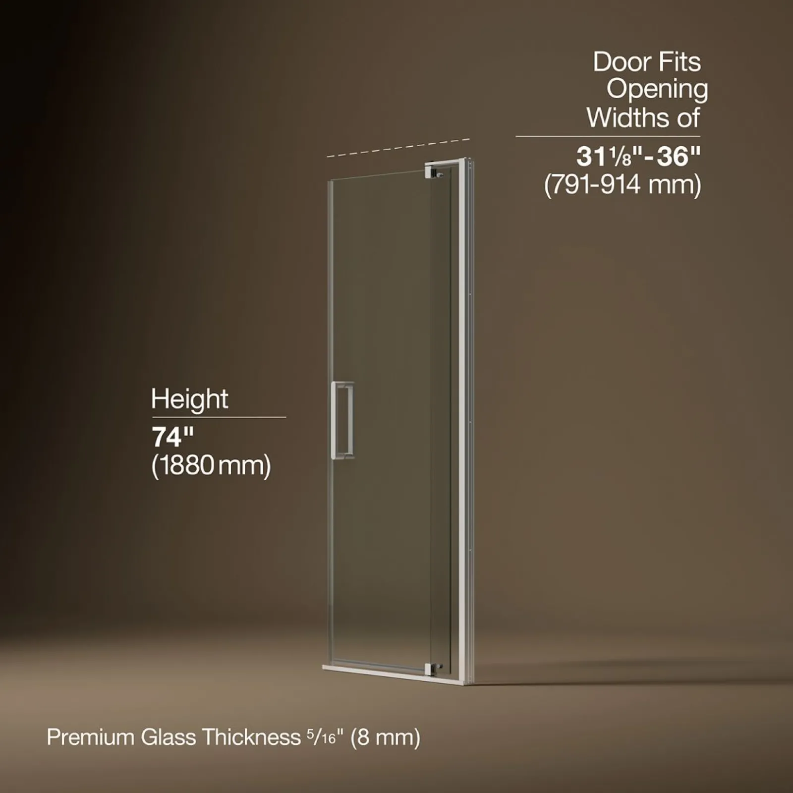 31-1/8"-36" W x 74" H pivot shower door with 5/16"-thick Crystal Clear glass^Kohler New