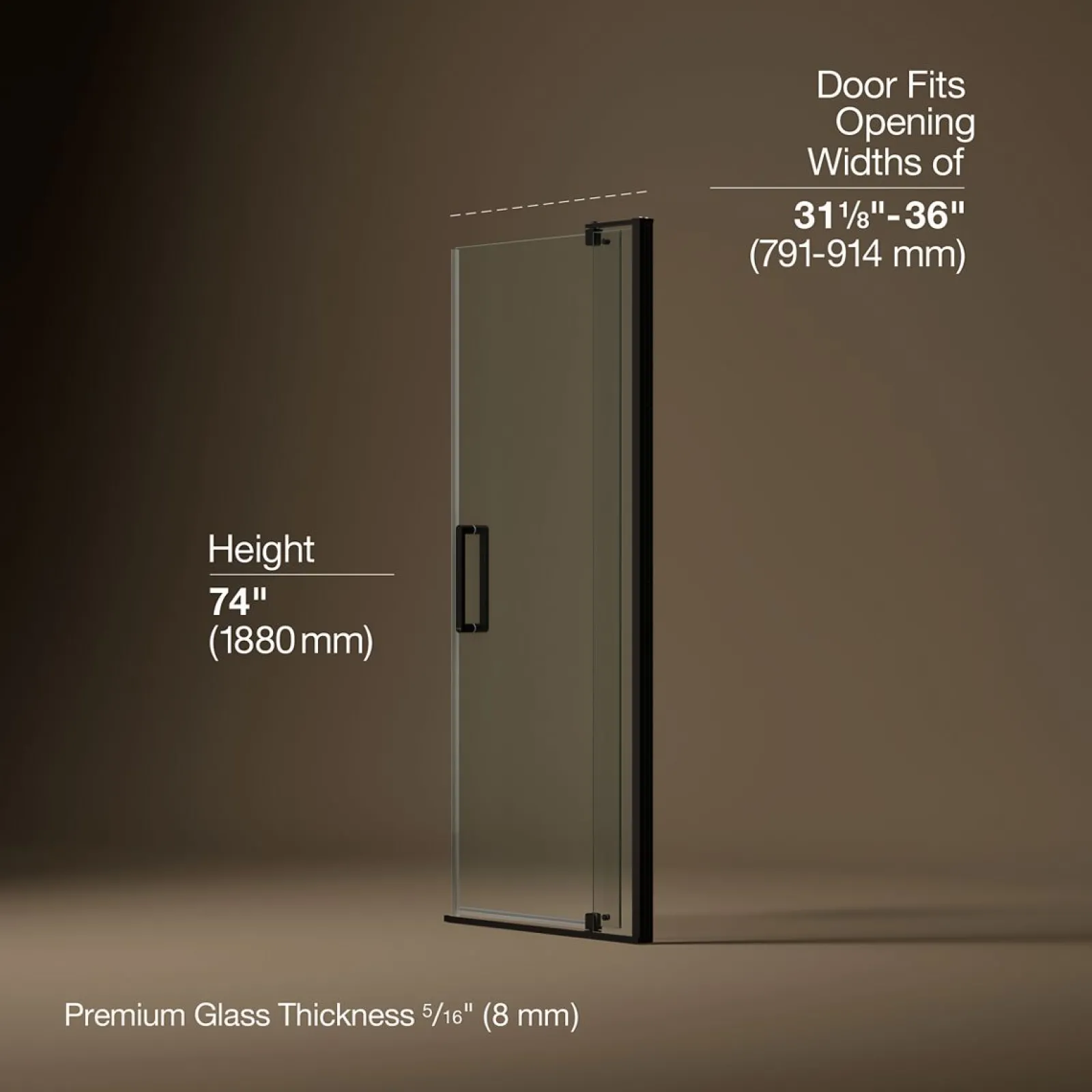 31-1/8"-36" W x 74" H pivot shower door with 5/16"-thick Crystal Clear glass^Kohler New