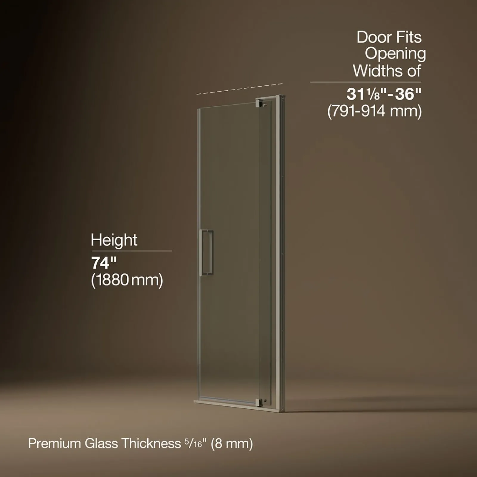 31-1/8"-36" W x 74" H pivot shower door with 5/16"-thick Crystal Clear glass^Kohler New