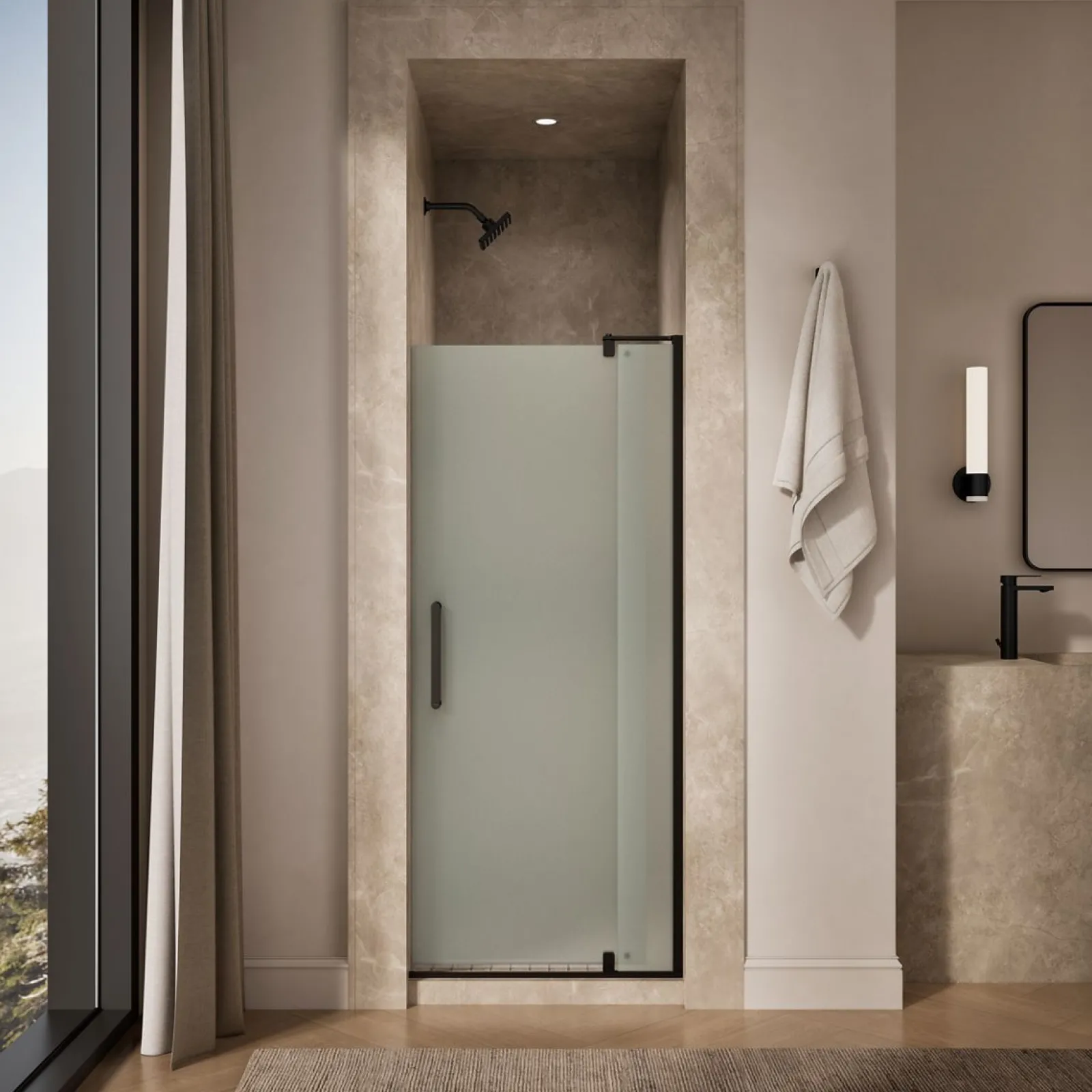 31-1/8"-36" W x 70" H pivot shower door with 1/4"-thick Frosted glass^Kohler New