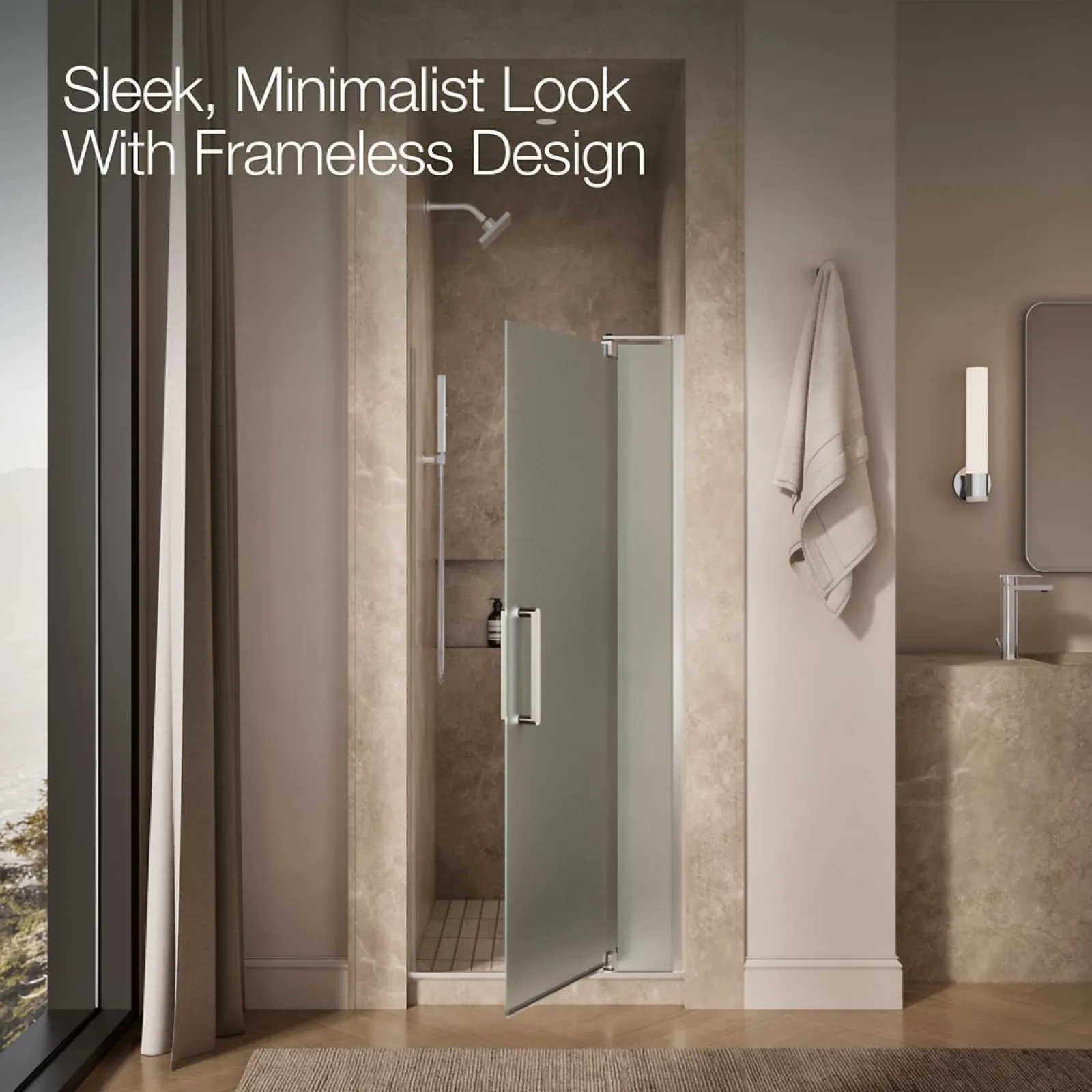 31-1/8"-36" W x 70" H pivot shower door with 1/4"-thick Frosted glass^Kohler New
