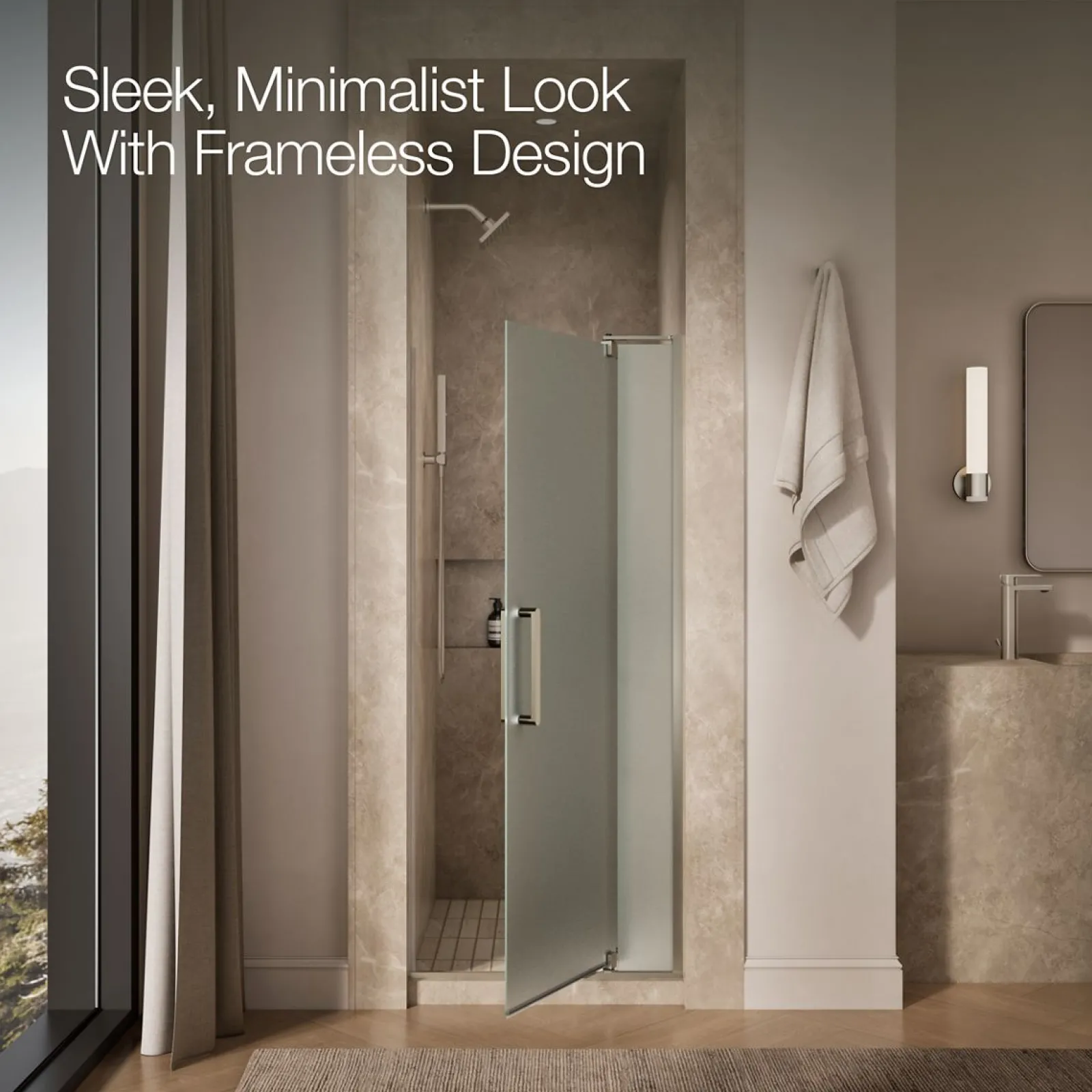 31-1/8"-36" W x 70" H pivot shower door with 1/4"-thick Frosted glass^Kohler New