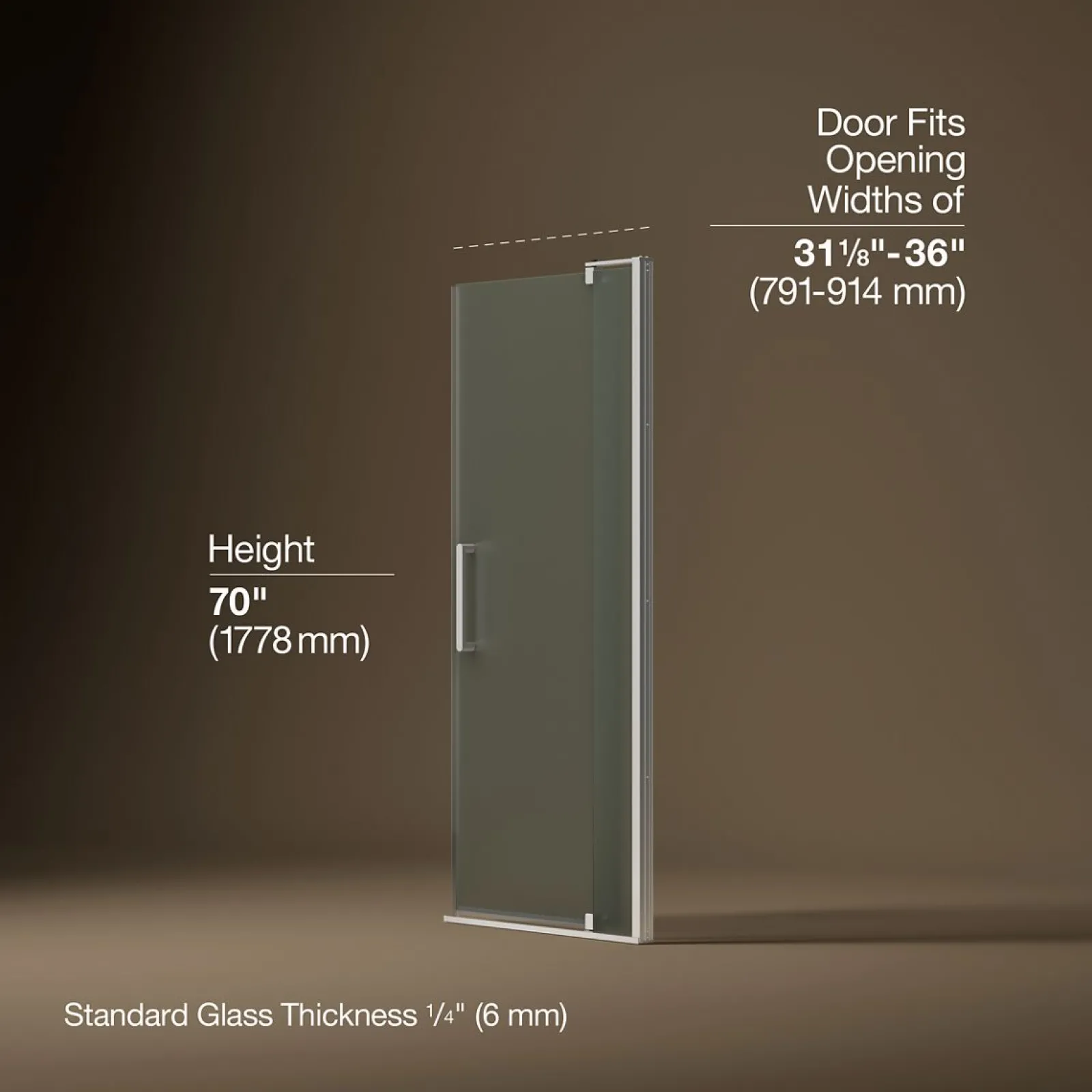 31-1/8"-36" W x 70" H pivot shower door with 1/4"-thick Frosted glass^Kohler New