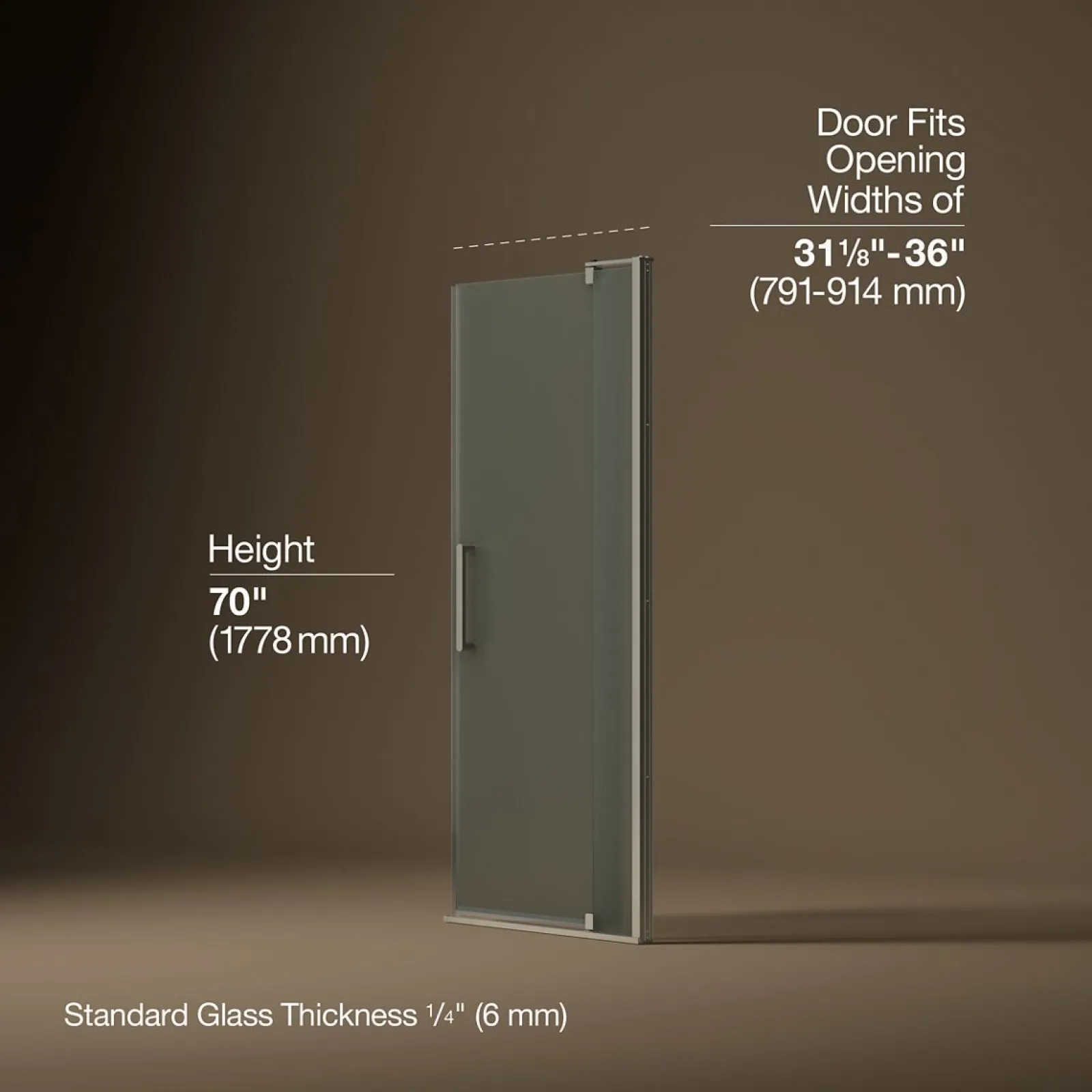 31-1/8"-36" W x 70" H pivot shower door with 1/4"-thick Frosted glass^Kohler New