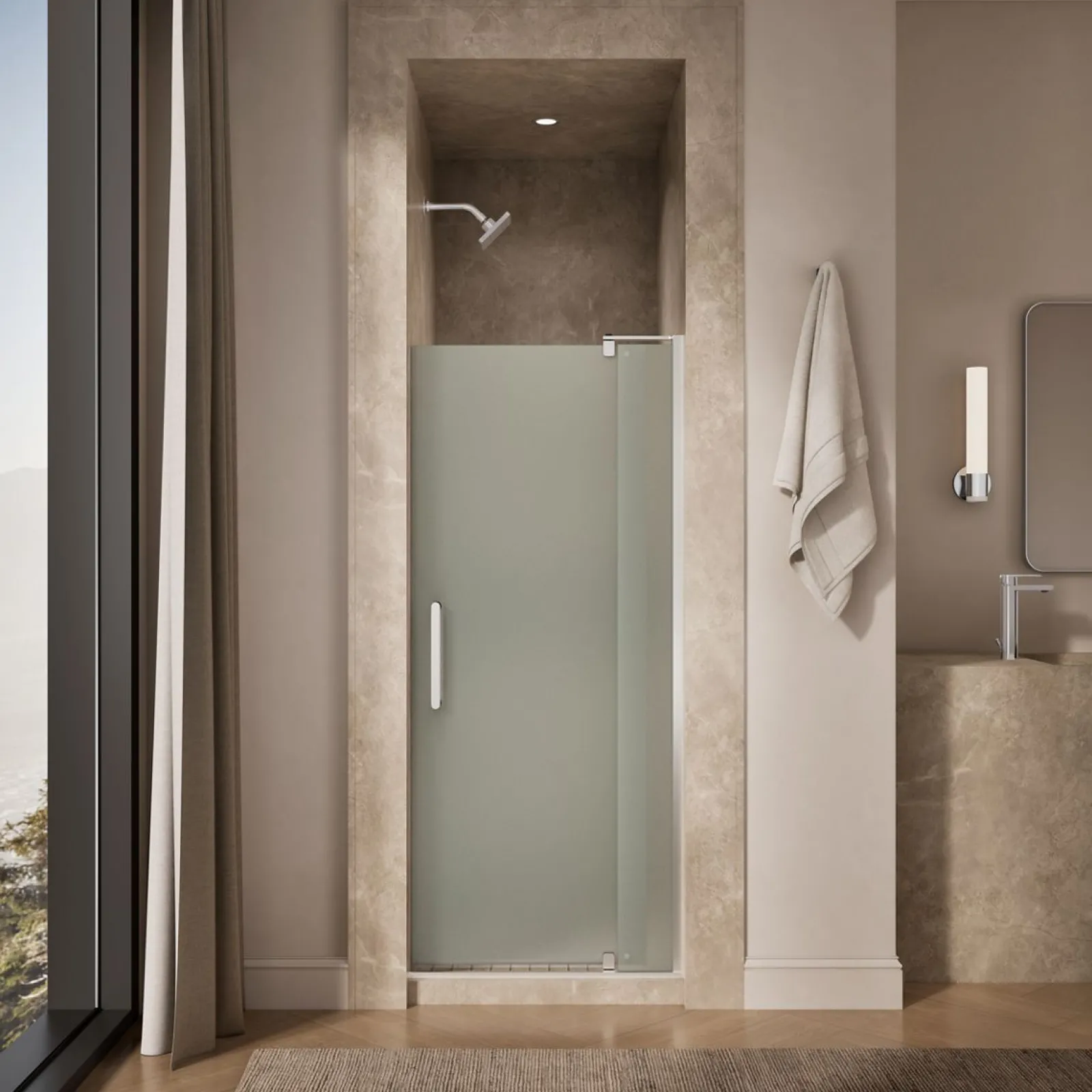 31-1/8"-36" W x 70" H pivot shower door with 1/4"-thick Frosted glass^Kohler New