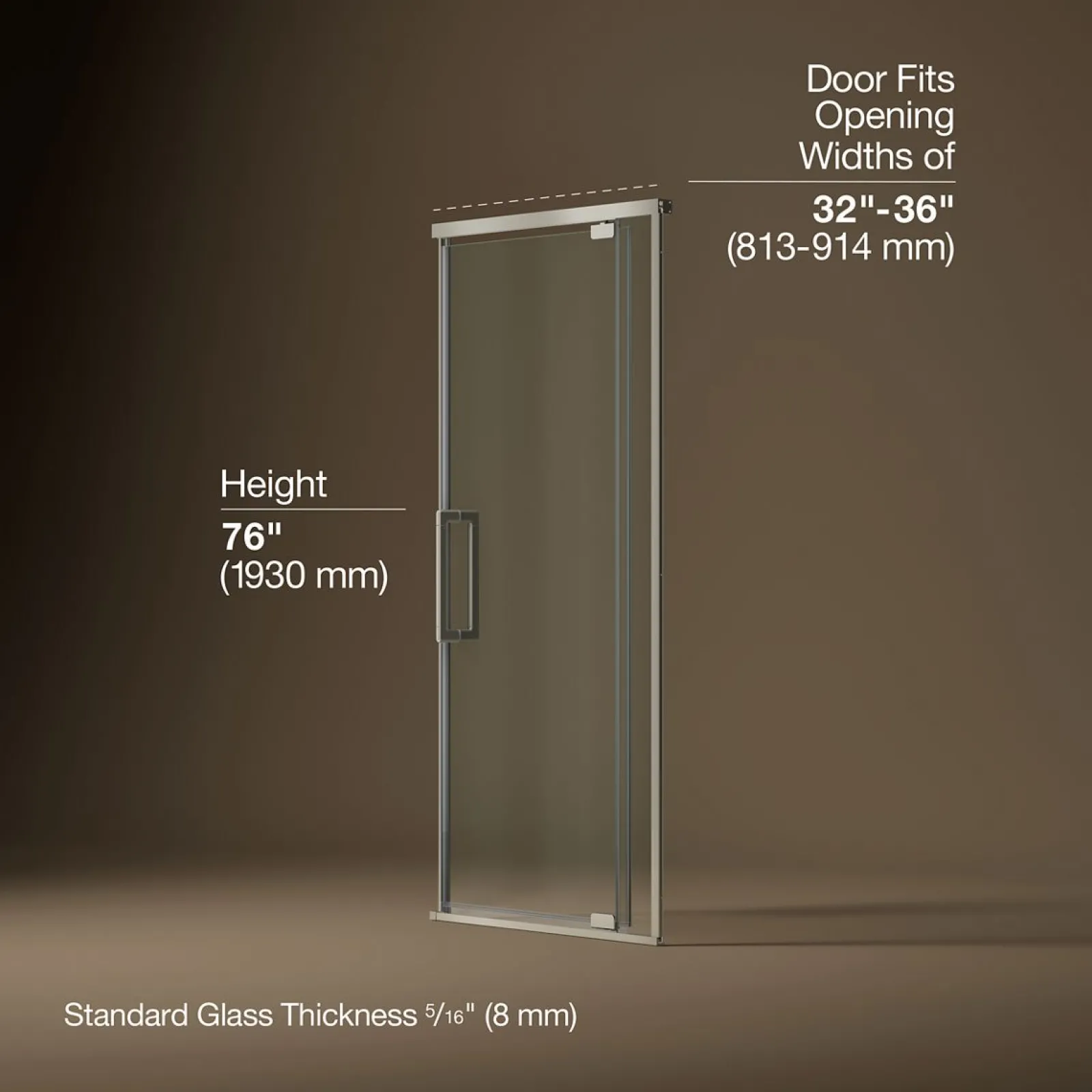 32"-36" W x 76" H pivot shower door with 5/16"-thick Crystal Clear glass^Kohler Hot