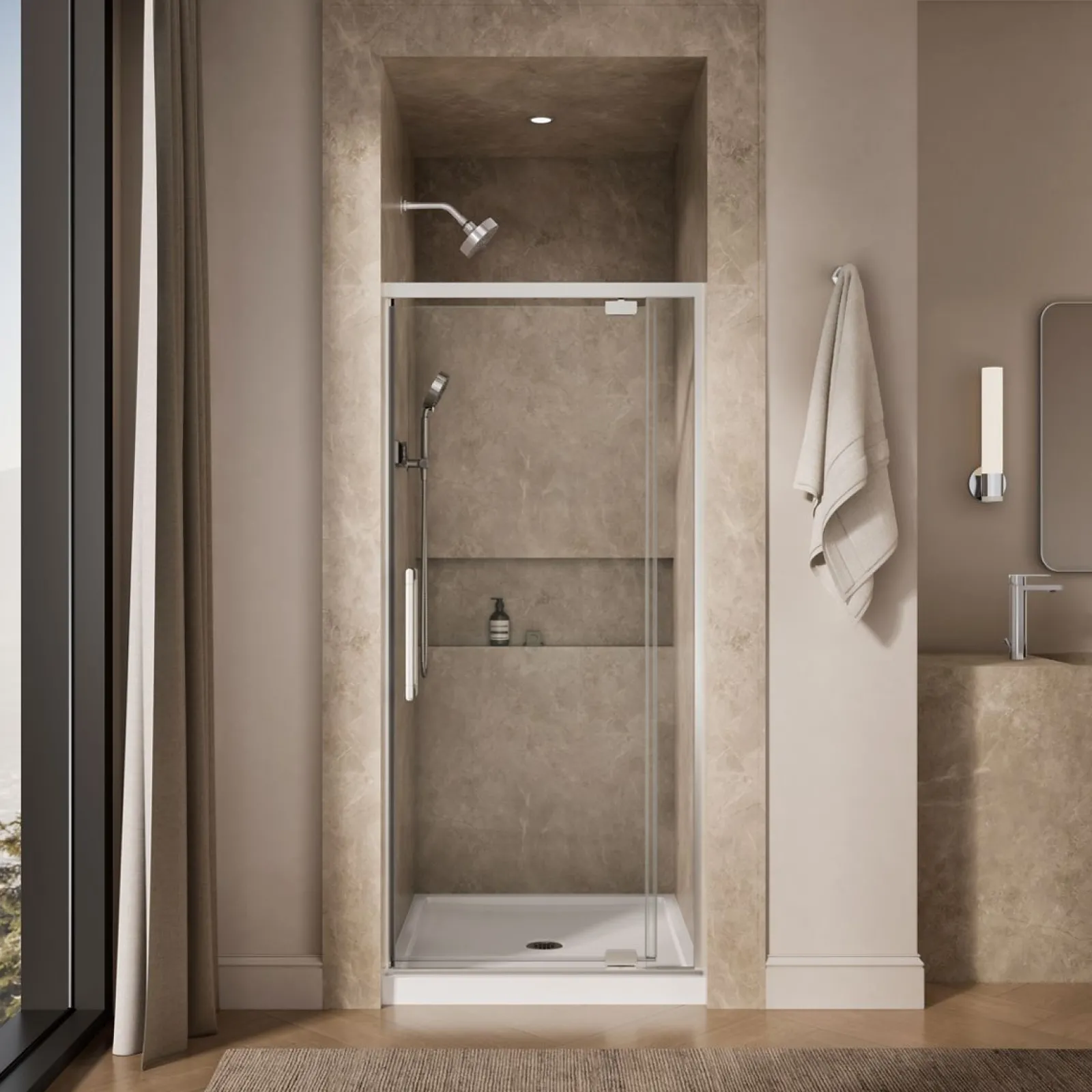 32"-36" W x 76" H pivot shower door with 5/16"-thick Crystal Clear glass^Kohler Hot
