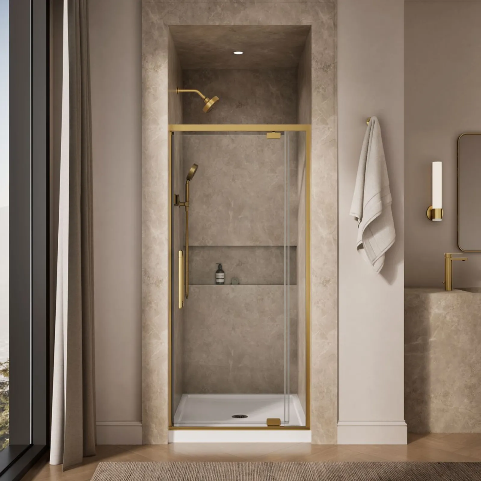 32"-36" W x 76" H pivot shower door with 5/16"-thick Crystal Clear glass^Kohler Hot