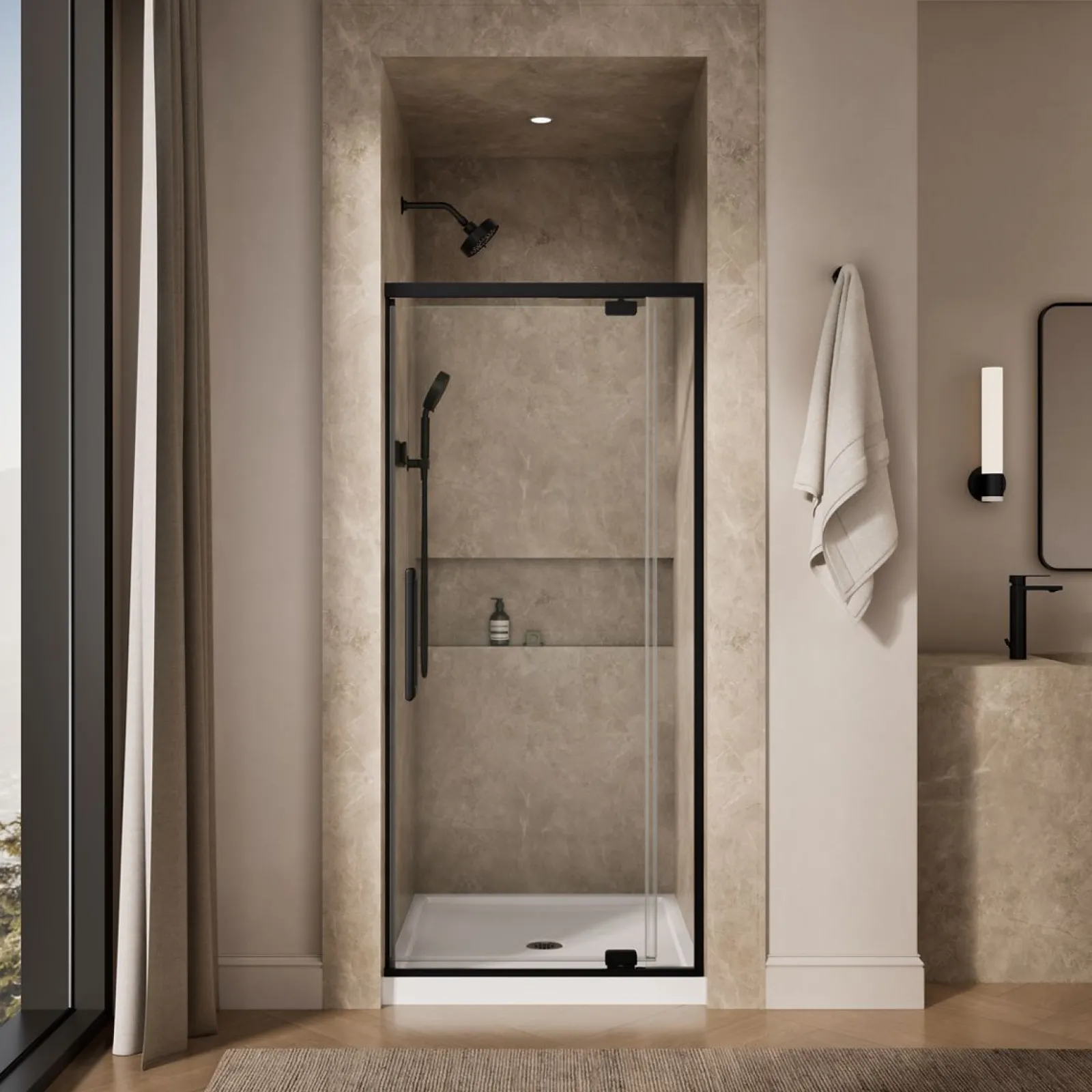32"-36" W x 76" H pivot shower door with 5/16"-thick Crystal Clear glass^Kohler Hot