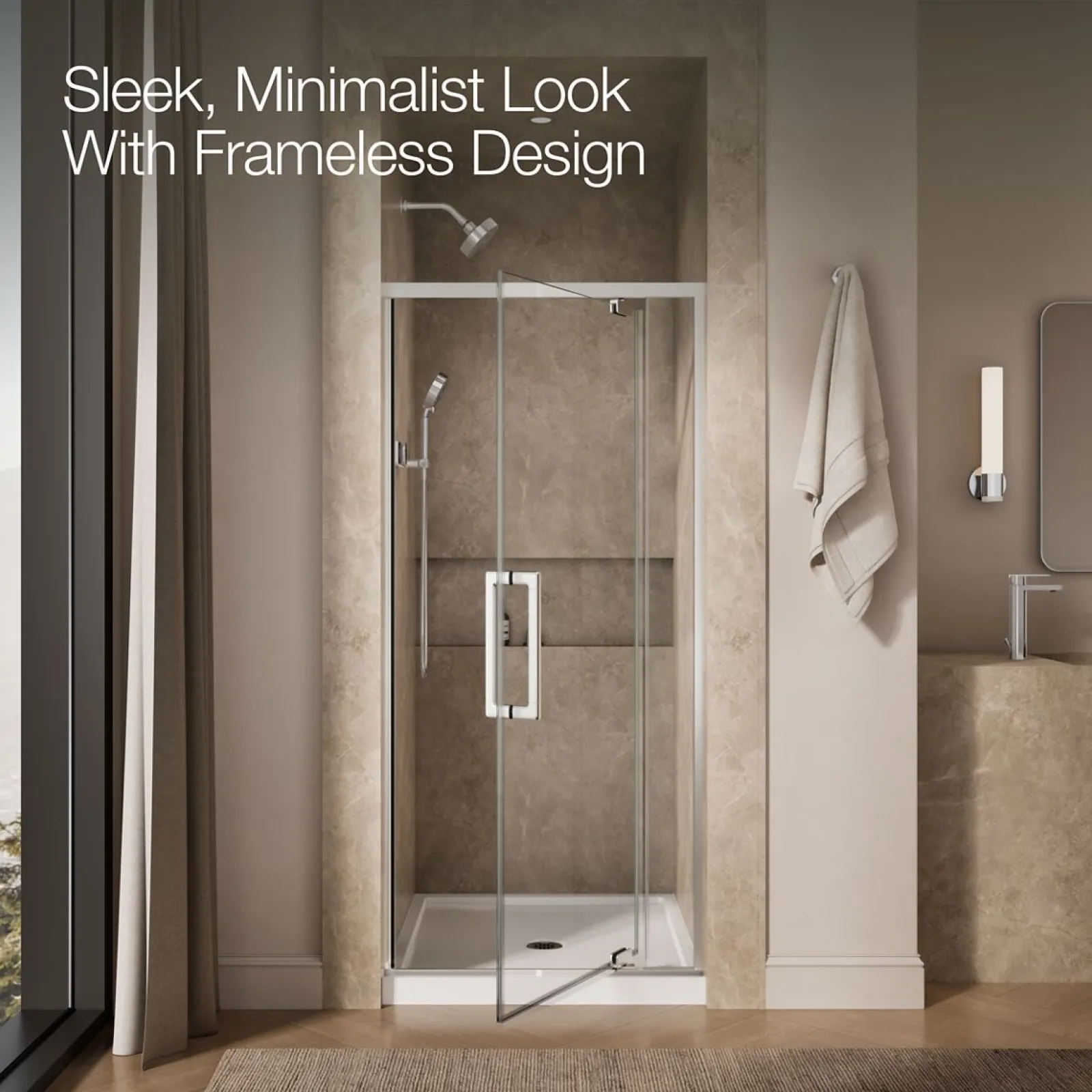 32"-36" W x 76" H pivot shower door with 5/16"-thick Crystal Clear glass^Kohler Hot