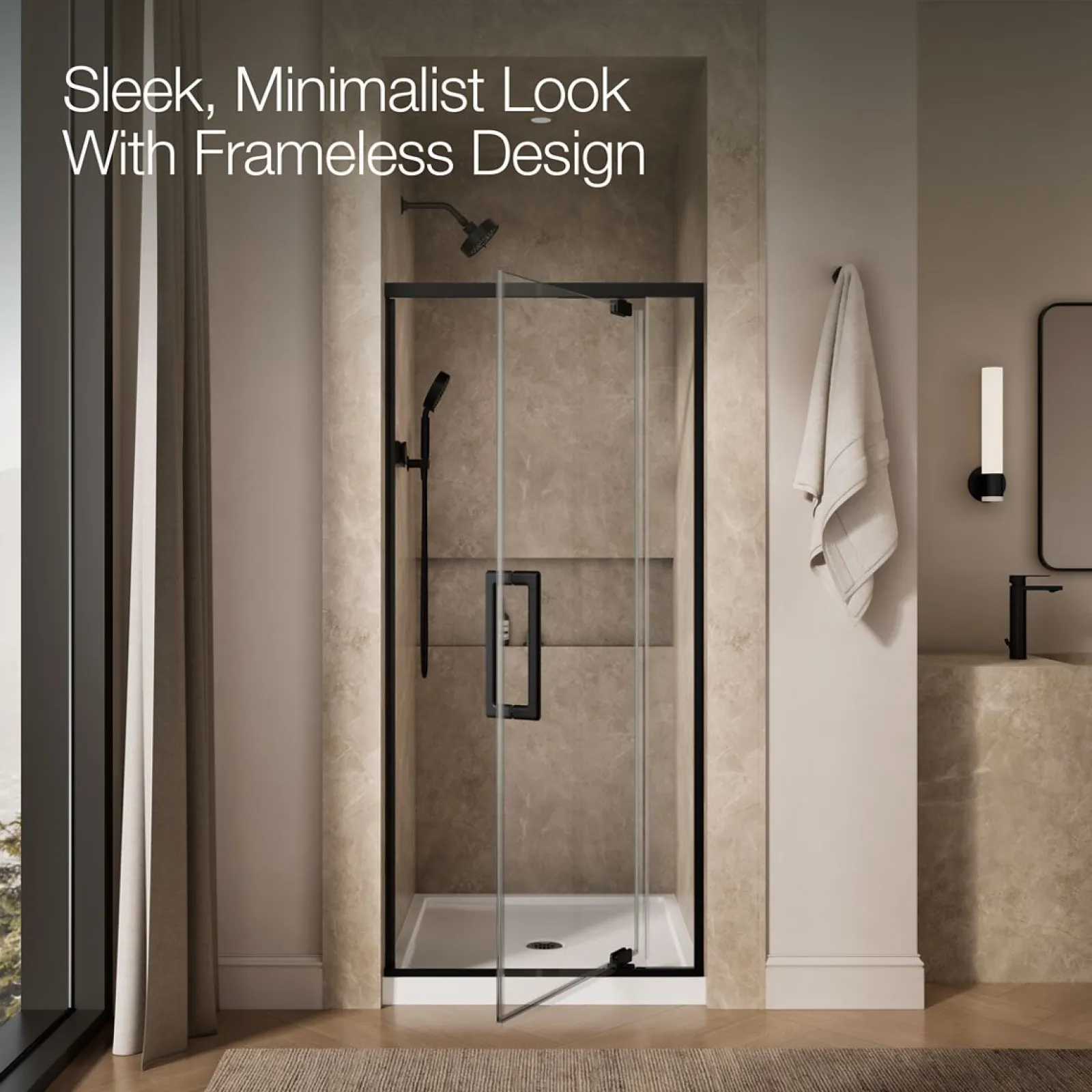32"-36" W x 76" H pivot shower door with 5/16"-thick Crystal Clear glass^Kohler Hot