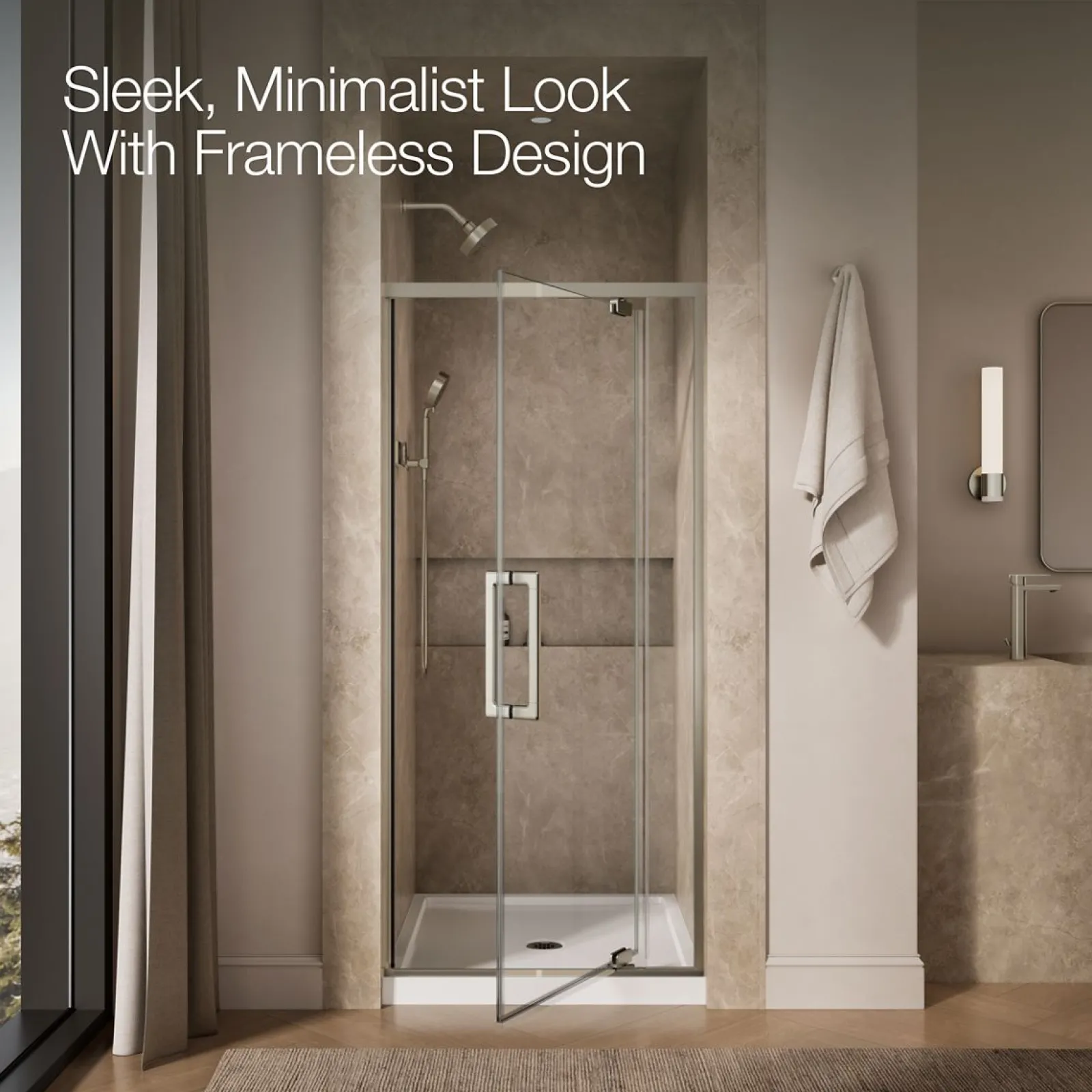 32"-36" W x 76" H pivot shower door with 5/16"-thick Crystal Clear glass^Kohler Hot