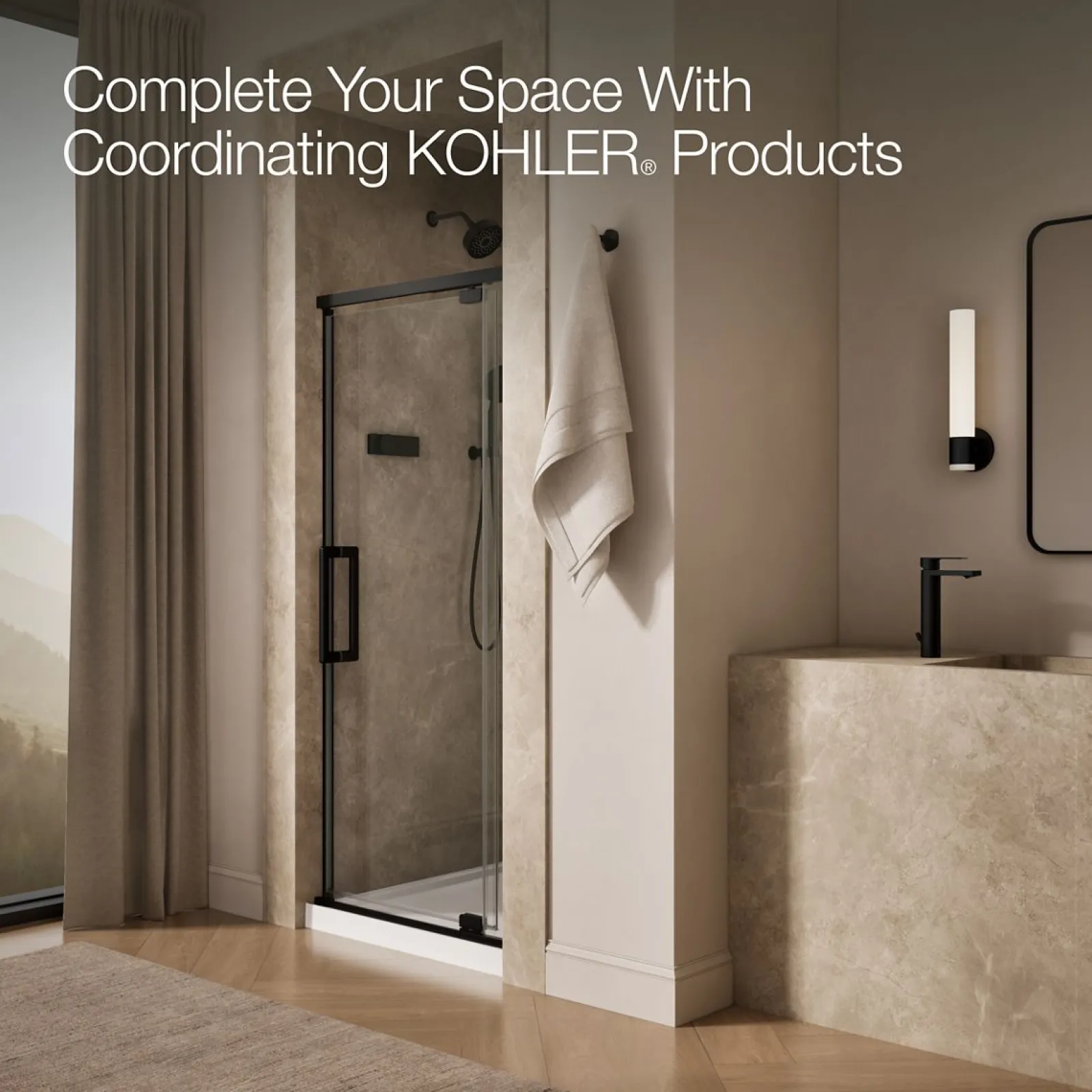 32"-36" W x 76" H pivot shower door with 5/16"-thick Crystal Clear glass^Kohler Hot