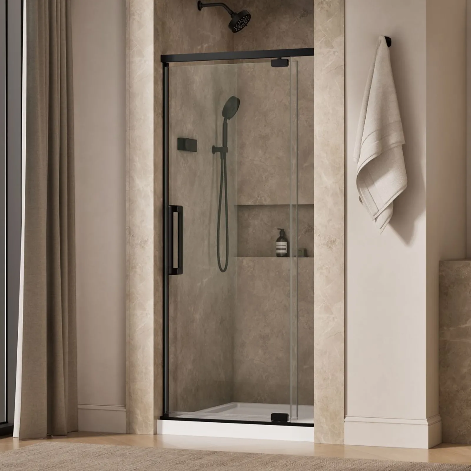 32"-36" W x 76" H pivot shower door with 5/16"-thick Crystal Clear glass^Kohler Hot