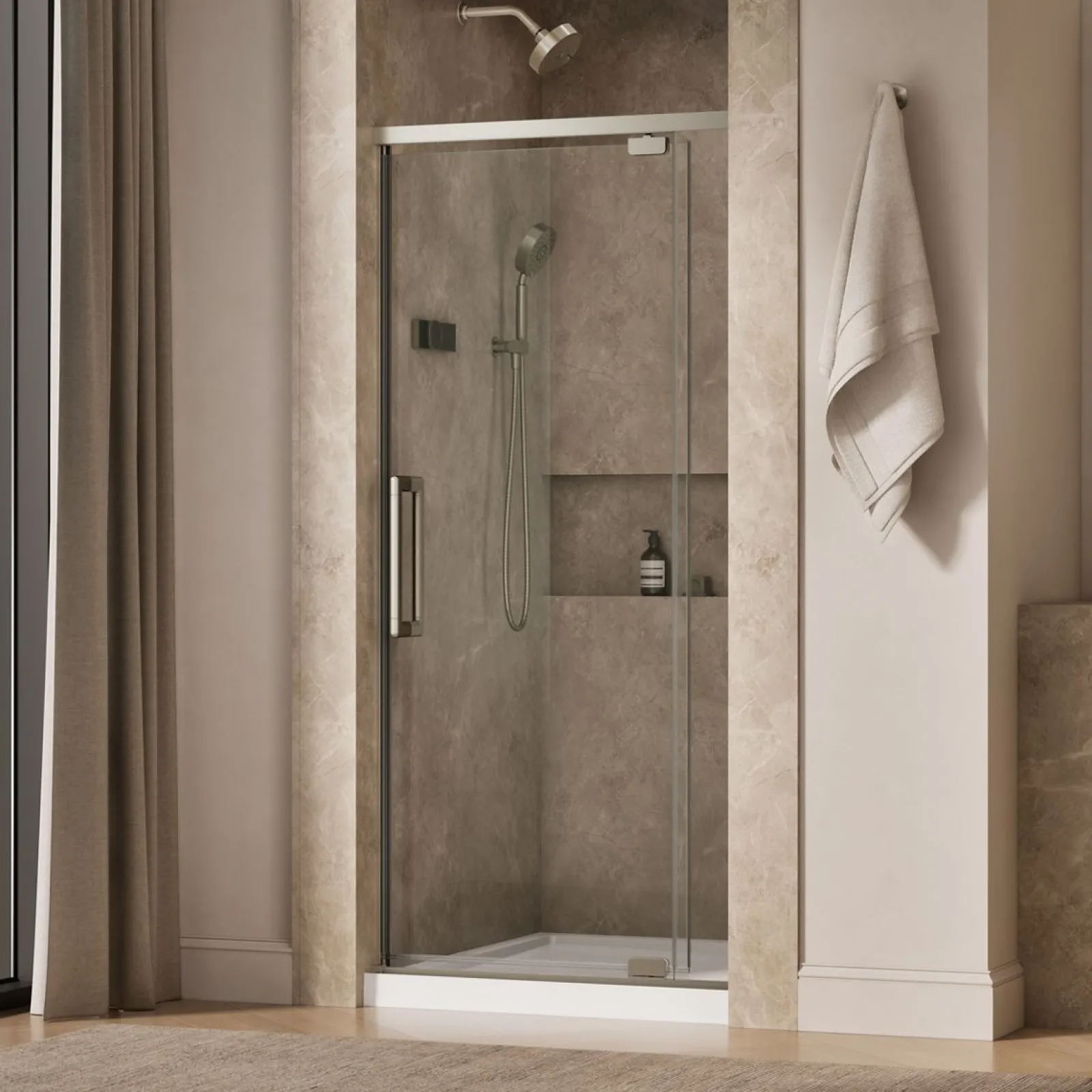 32"-36" W x 76" H pivot shower door with 5/16"-thick Crystal Clear glass^Kohler Hot
