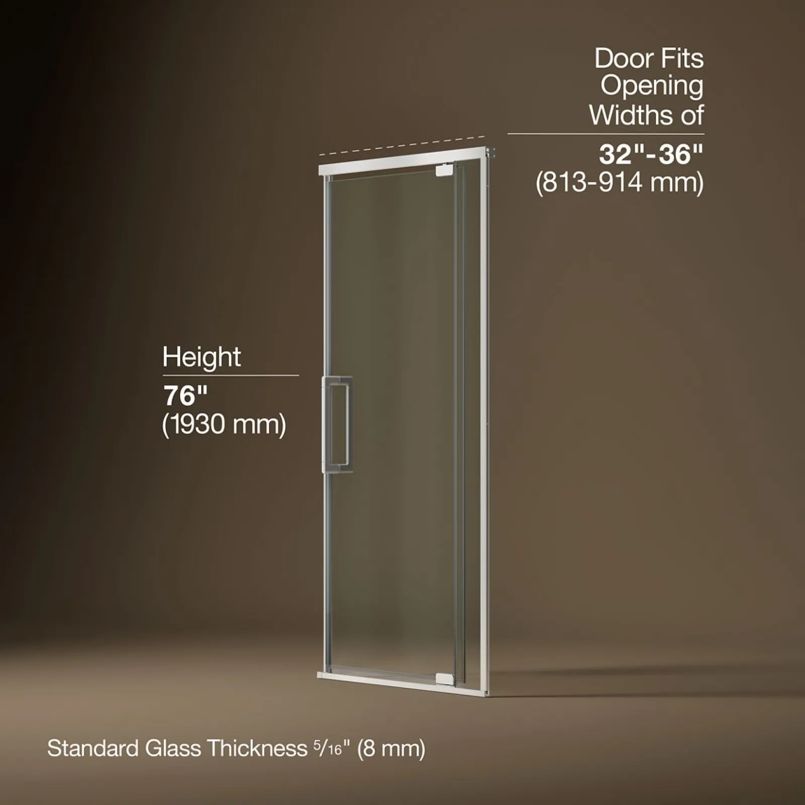 32"-36" W x 76" H pivot shower door with 5/16"-thick Crystal Clear glass^Kohler Hot