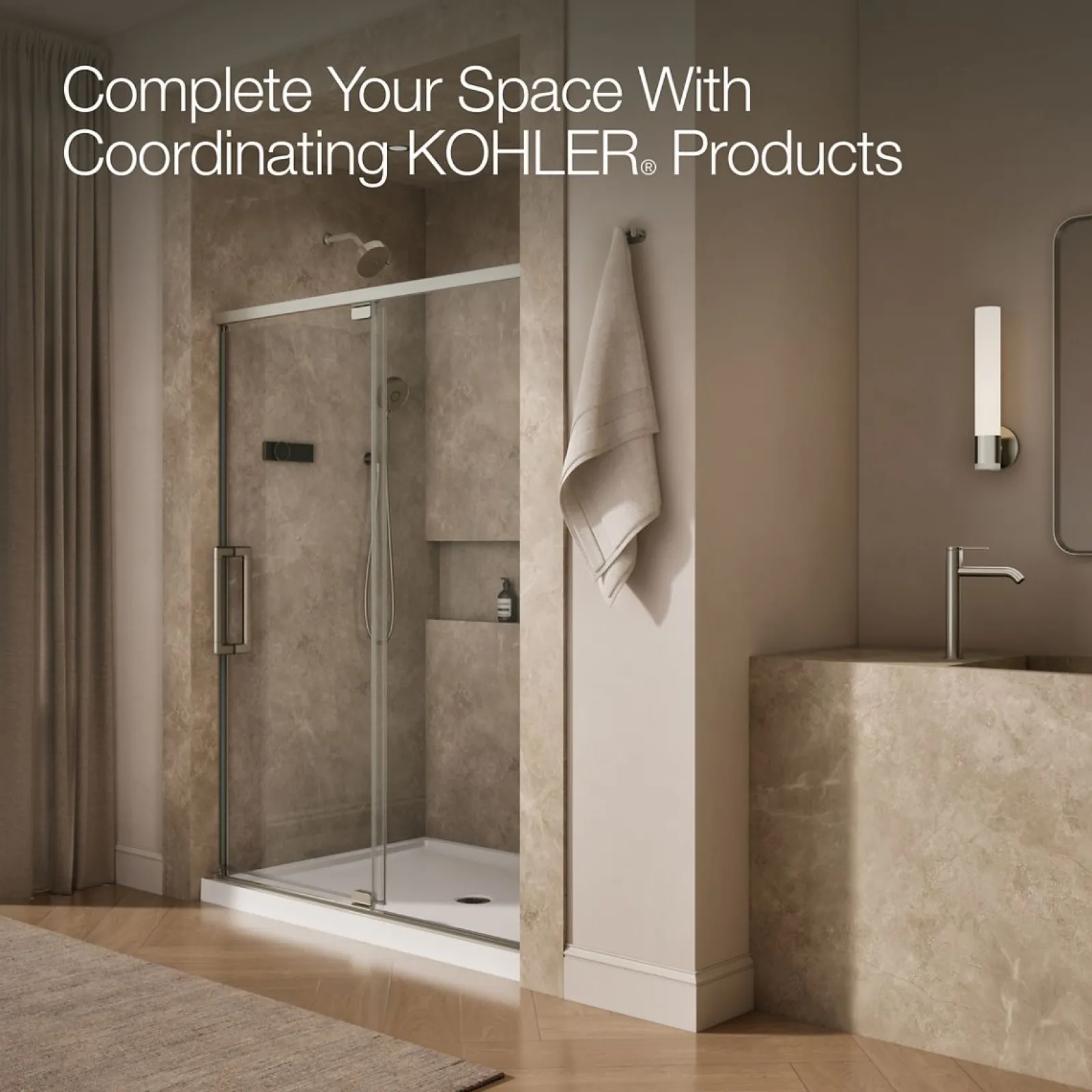 54"-60" W x 76" H pivot shower door with 5/16"-thick Crystal Clear glass^Kohler Outlet