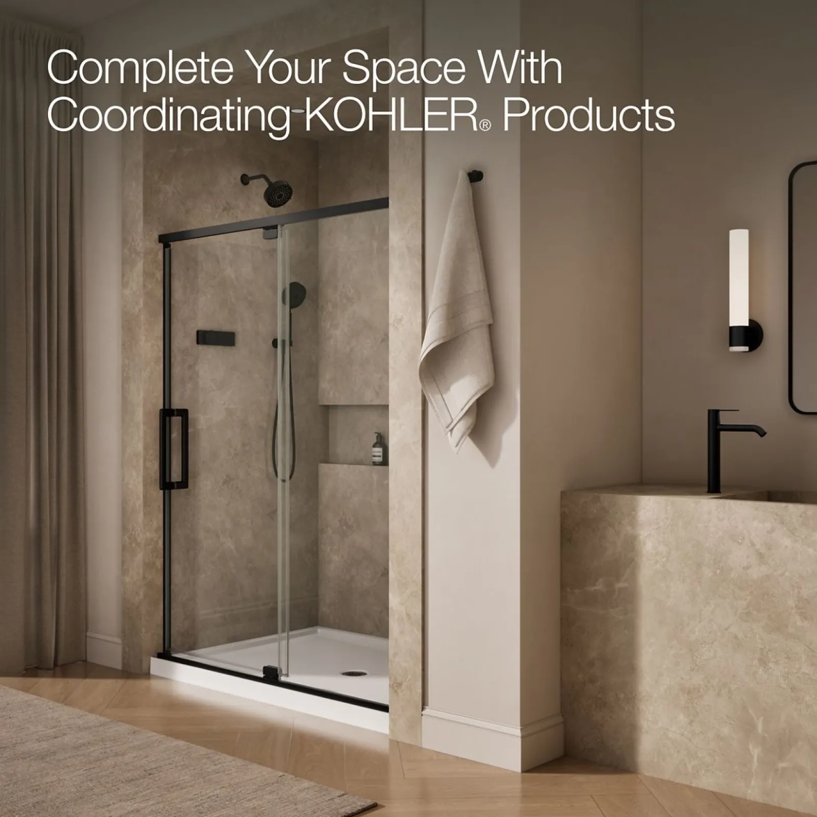54"-60" W x 76" H pivot shower door with 5/16"-thick Crystal Clear glass^Kohler Outlet
