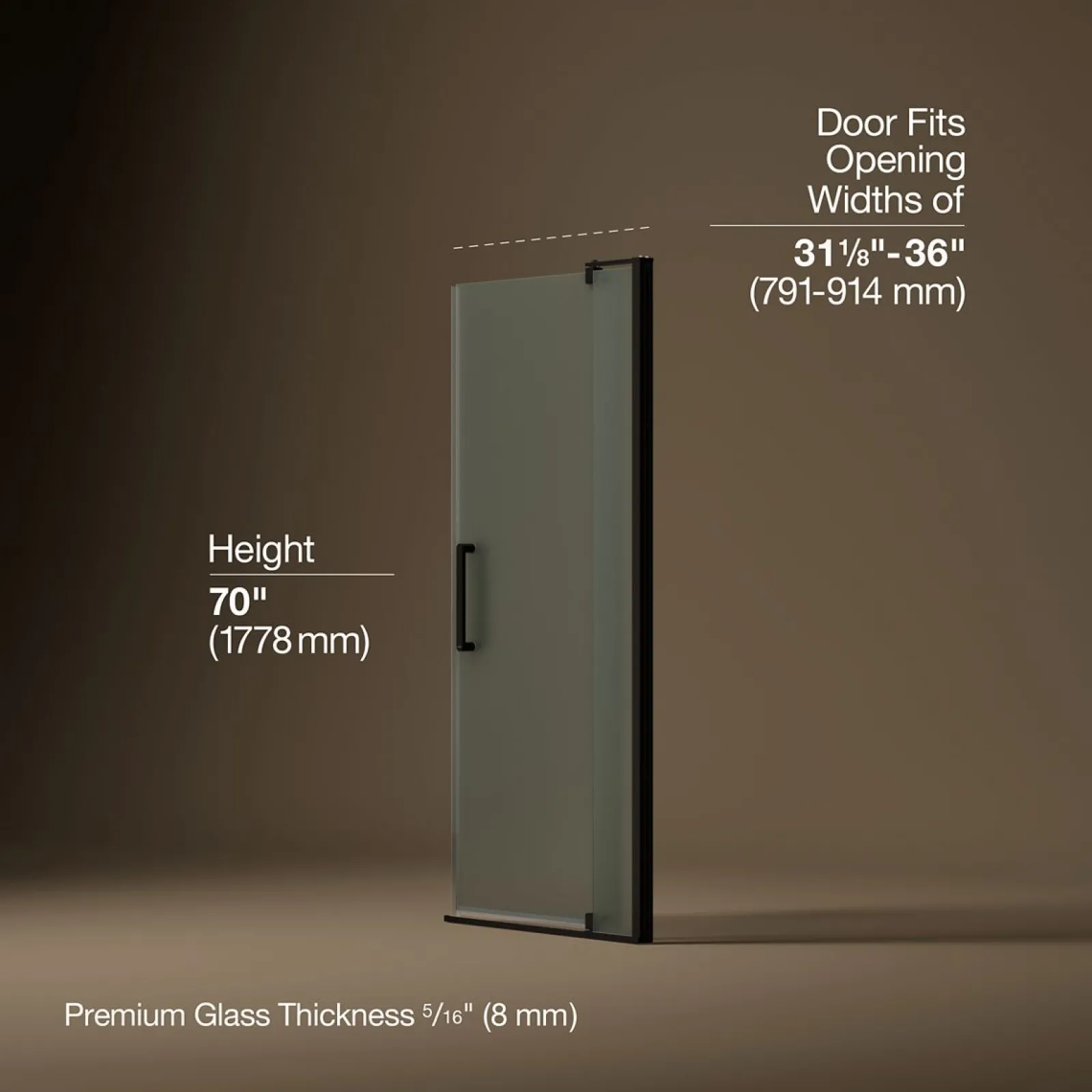 31-1/8"-36" W x 70" H pivot shower door with 5/16"-thick Frosted glass^Kohler Outlet