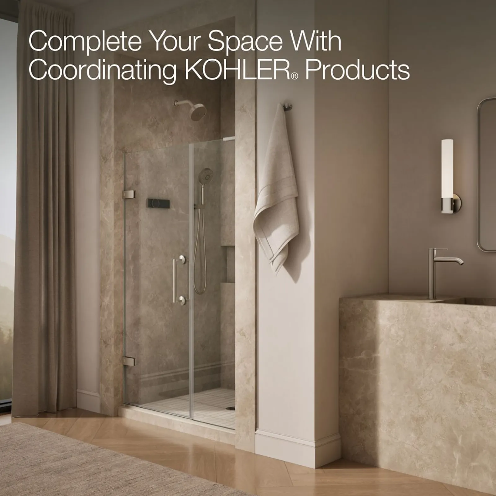 45-1/4"-46" W x 71-3/4" H pivot shower door with 3/8"-thick Crystal Clear glass^Kohler Hot