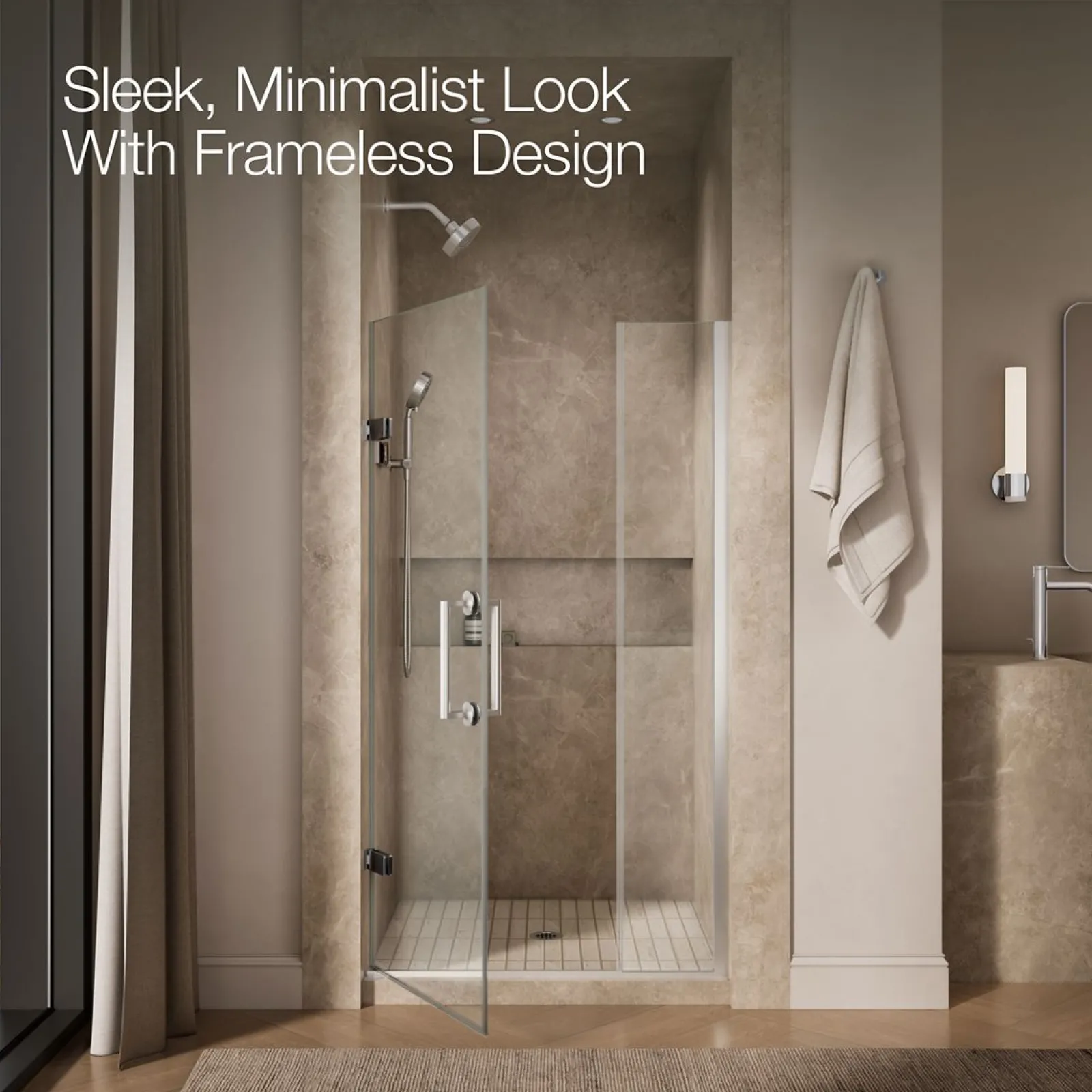 33-5/8"-34-3/8" W x 71-9/16" H pivot shower door with 3/8"-thick Crystal Clear glass^Kohler New