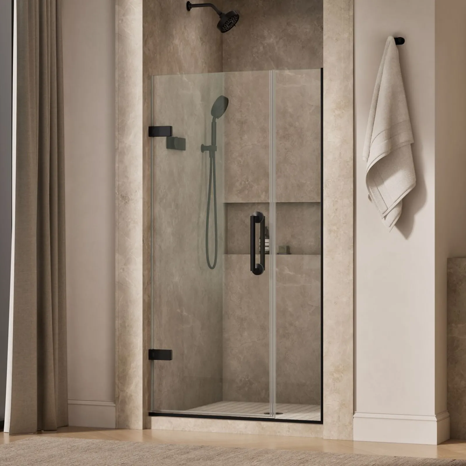 33-5/8"-34-3/8" W x 71-9/16" H pivot shower door with 3/8"-thick Crystal Clear glass^Kohler New