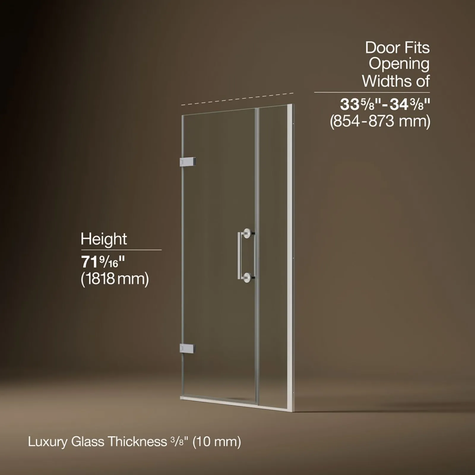 33-5/8"-34-3/8" W x 71-9/16" H pivot shower door with 3/8"-thick Crystal Clear glass^Kohler New