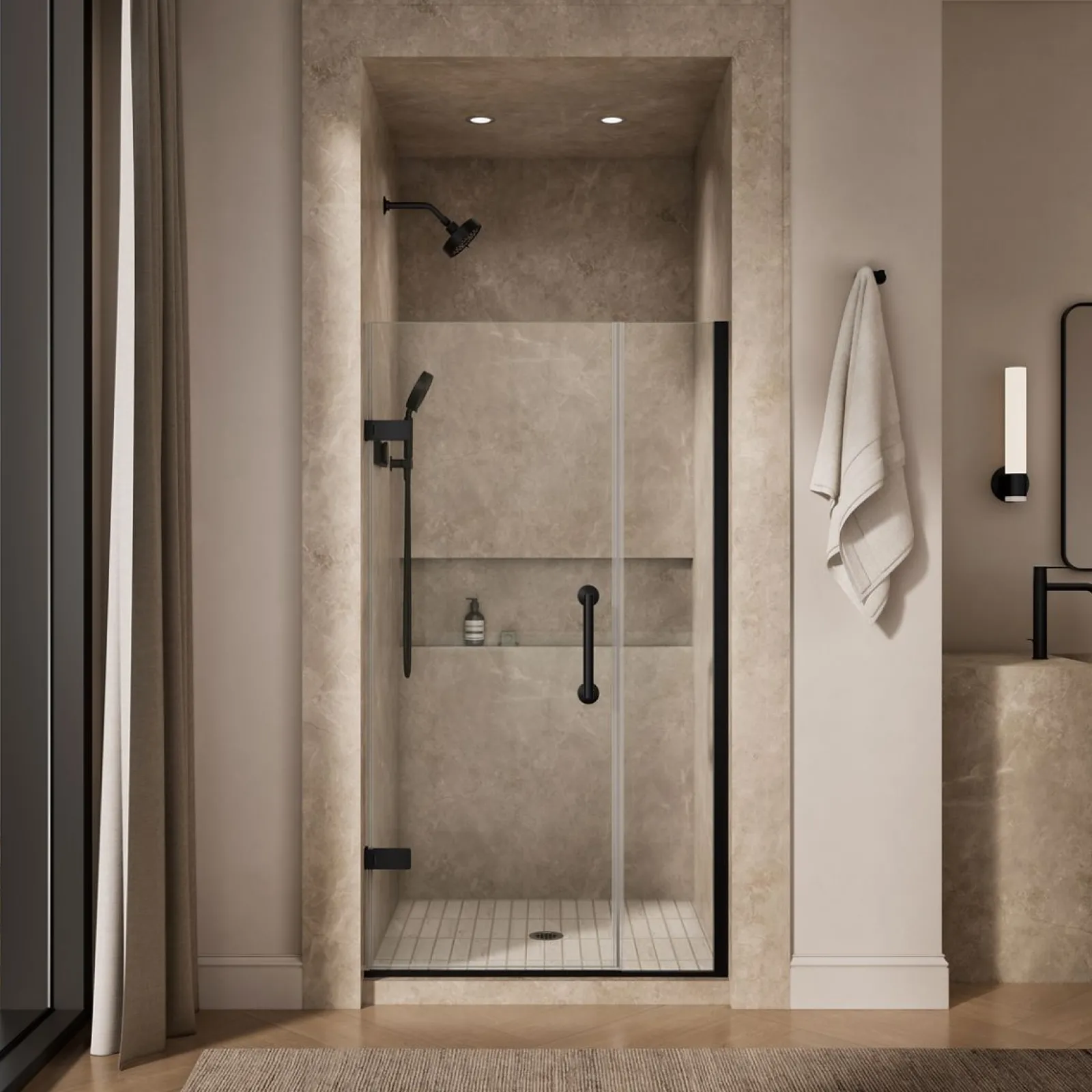 39-5/8"-40-3/8" W x 71-9/16" H pivot shower door with 3/8"-thick Crystal Clear glass^Kohler