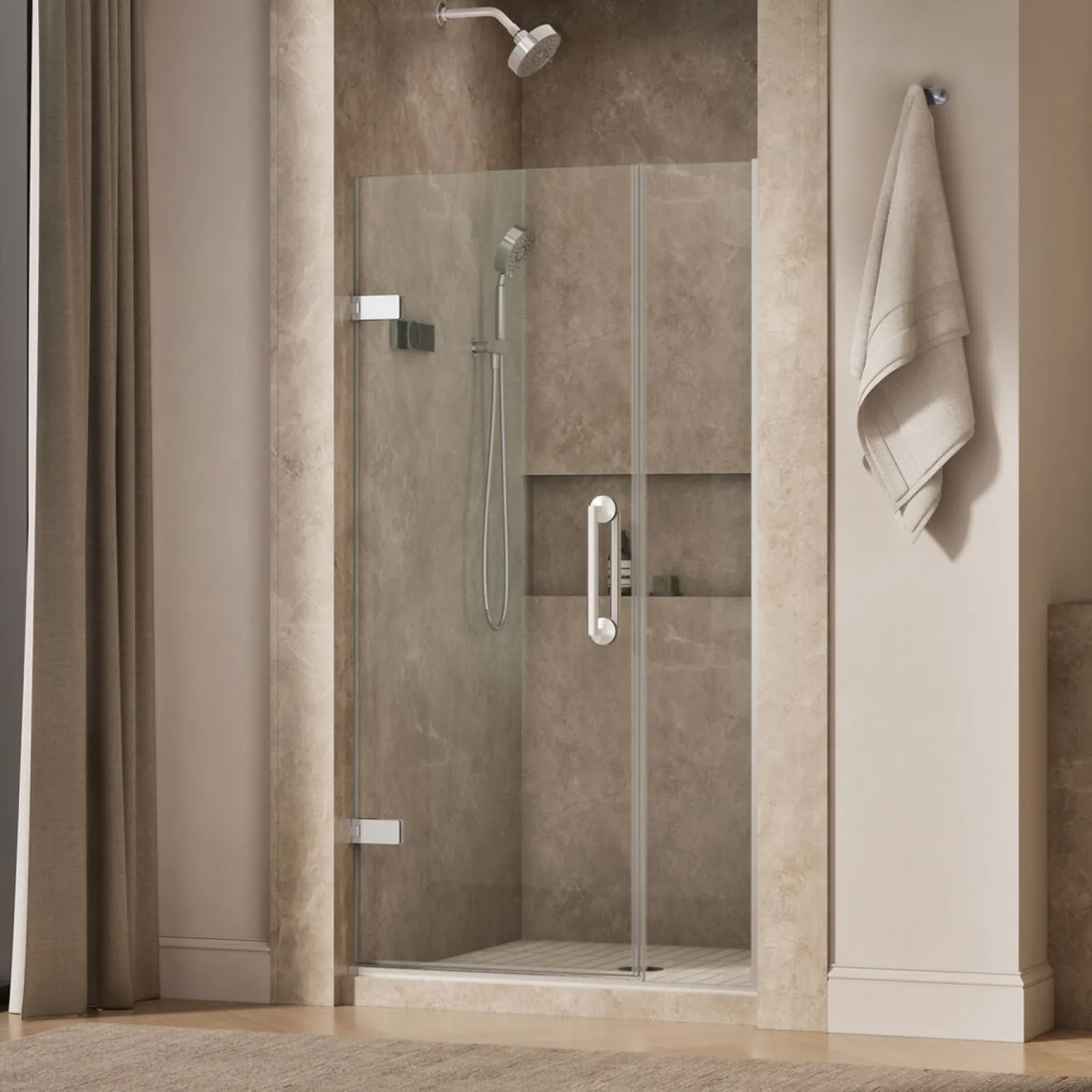 39-5/8"-40-3/8" W x 71-9/16" H pivot shower door with 3/8"-thick Crystal Clear glass^Kohler