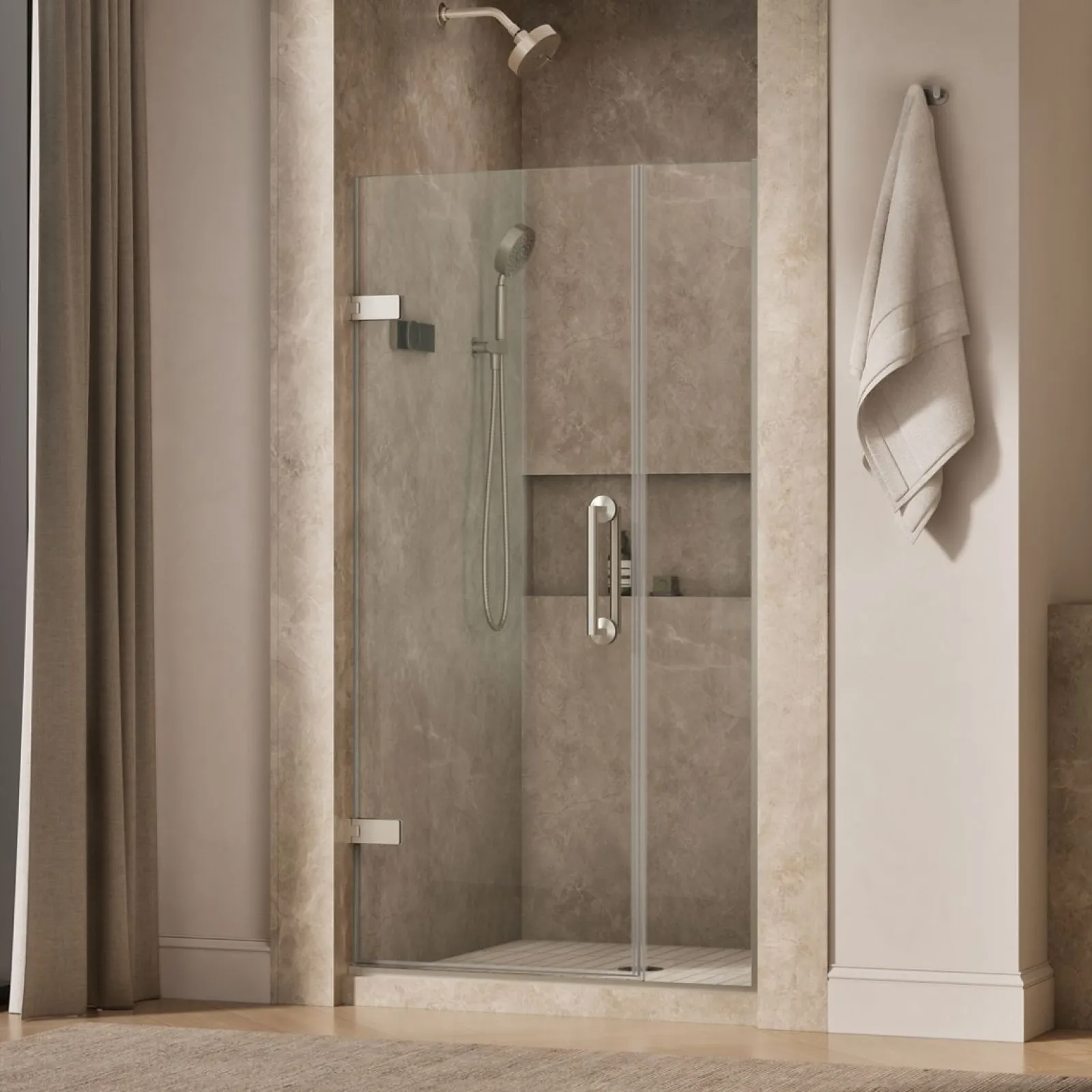 39-5/8"-40-3/8" W x 71-9/16" H pivot shower door with 3/8"-thick Crystal Clear glass^Kohler