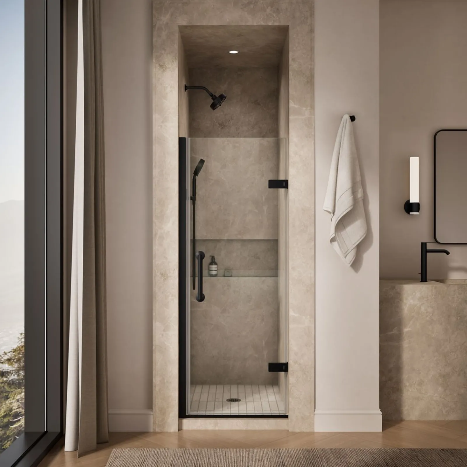 27-5/8"-28-3/8" W x 71-5/8" H pivot shower door with 3/8"-thick Crystal Clear glass^Kohler Sale
