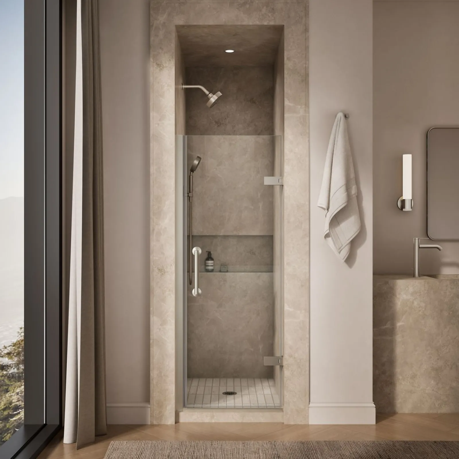 27-5/8"-28-3/8" W x 71-5/8" H pivot shower door with 3/8"-thick Crystal Clear glass^Kohler Sale