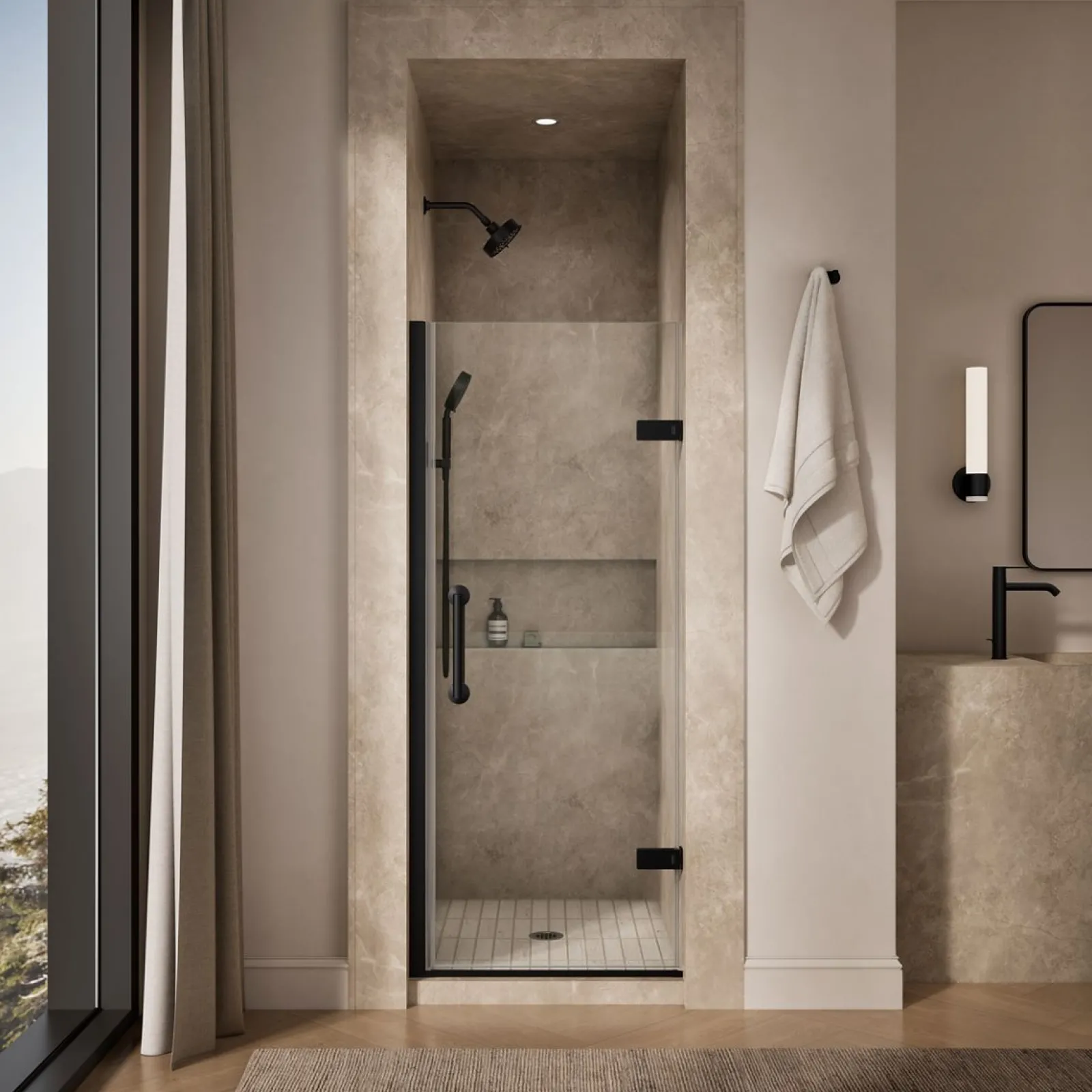 29-5/8"-30-3/8" W x 71-5/8" H pivot shower door with 3/8"-thick Crystal Clear glass^Kohler New
