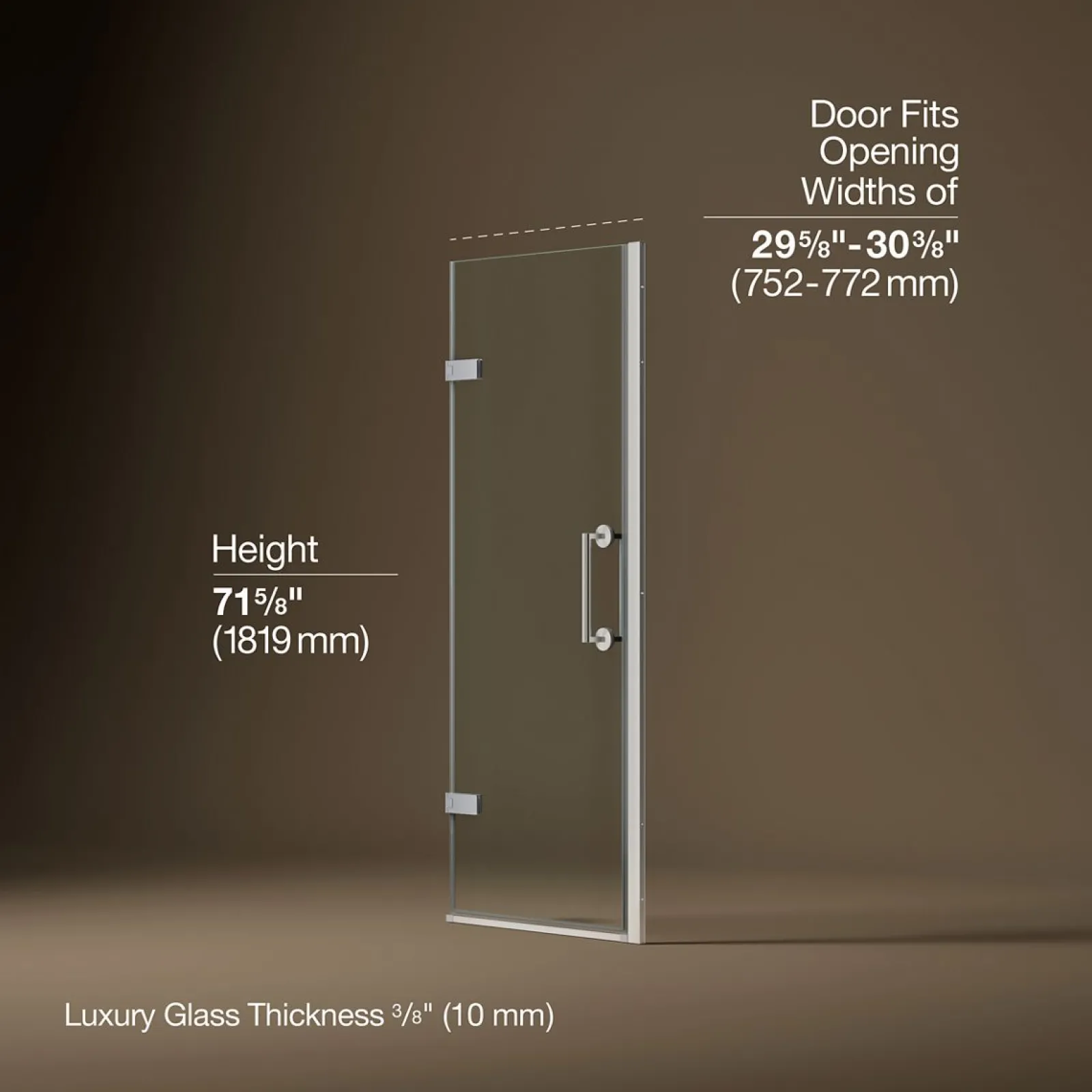 29-5/8"-30-3/8" W x 71-5/8" H pivot shower door with 3/8"-thick Crystal Clear glass^Kohler New