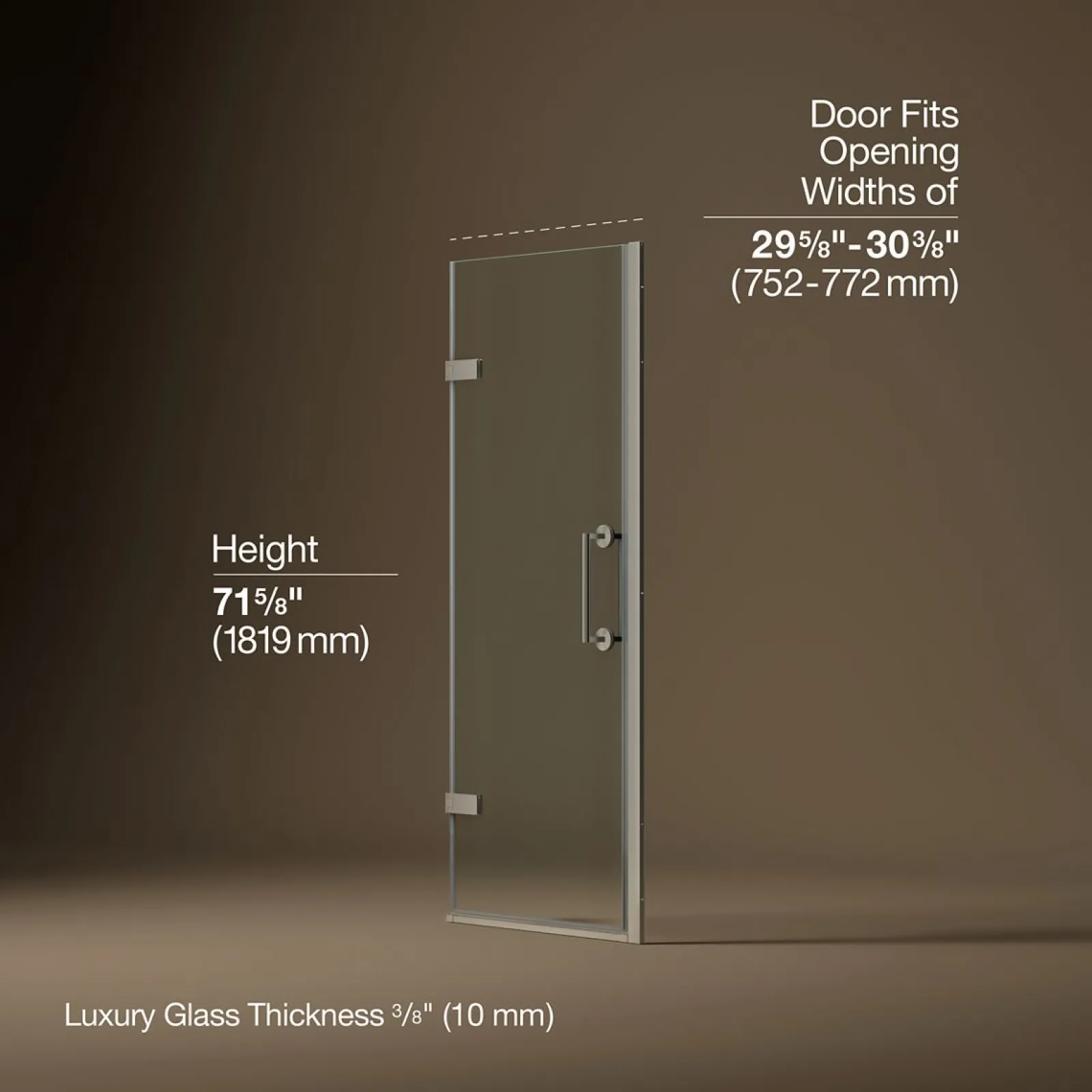 29-5/8"-30-3/8" W x 71-5/8" H pivot shower door with 3/8"-thick Crystal Clear glass^Kohler New