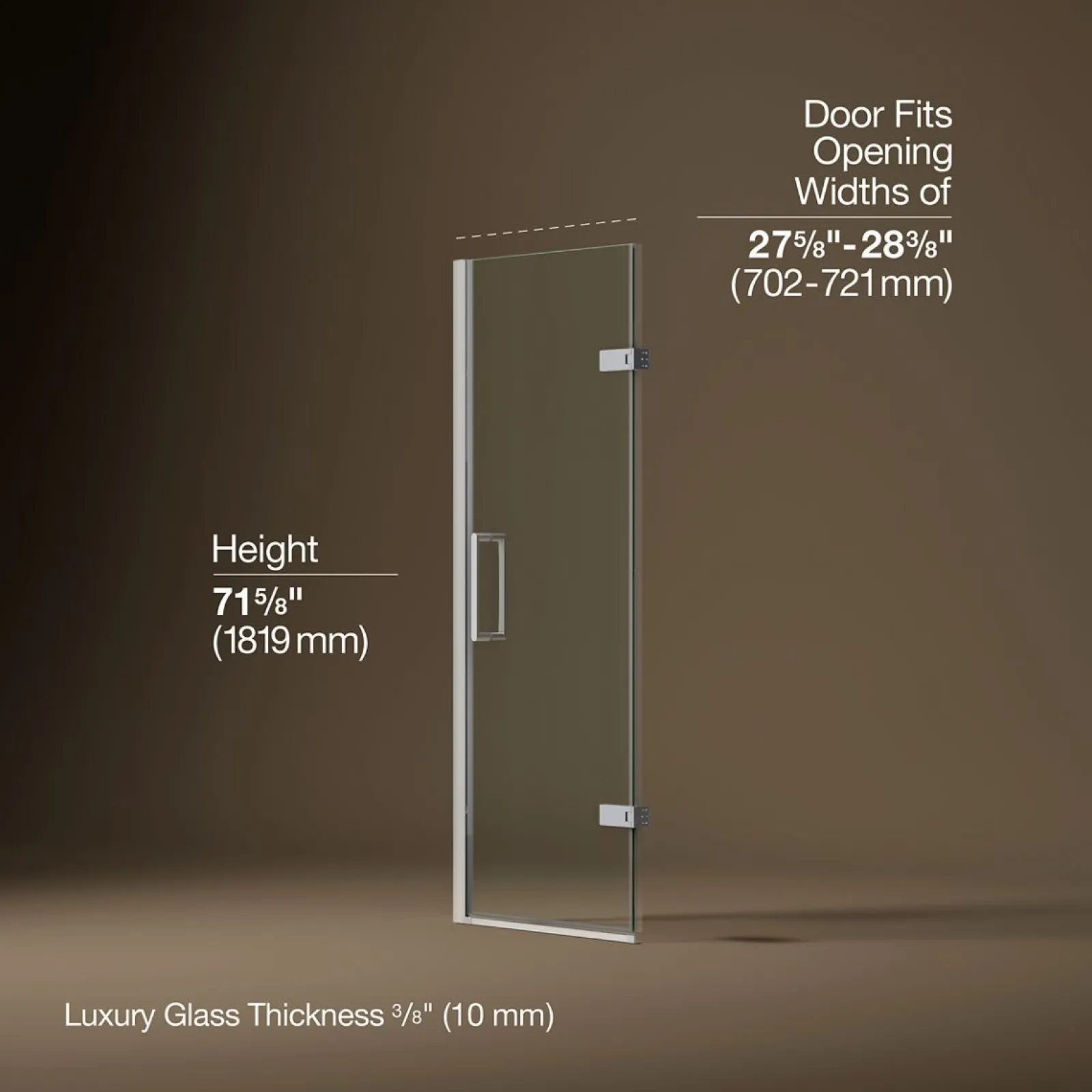27-5/8"-28-3/8" W x 71-5/8" H pivot shower door with 3/8"-thick Crystal Clear glass^Kohler New