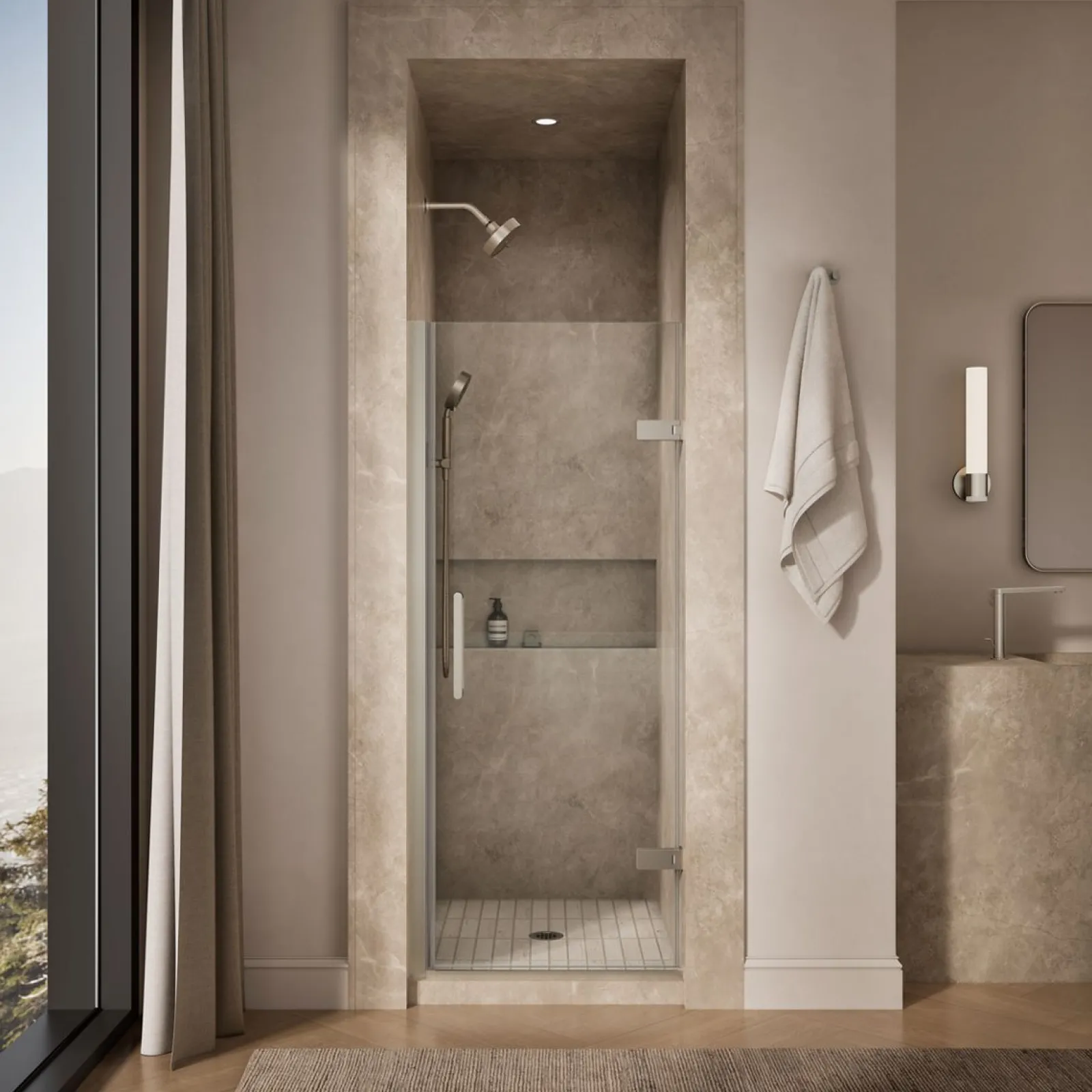 29-5/8"-30-3/8" W x 71-5/8" H pivot shower door with 3/8"-thick Crystal Clear glass^Kohler Hot