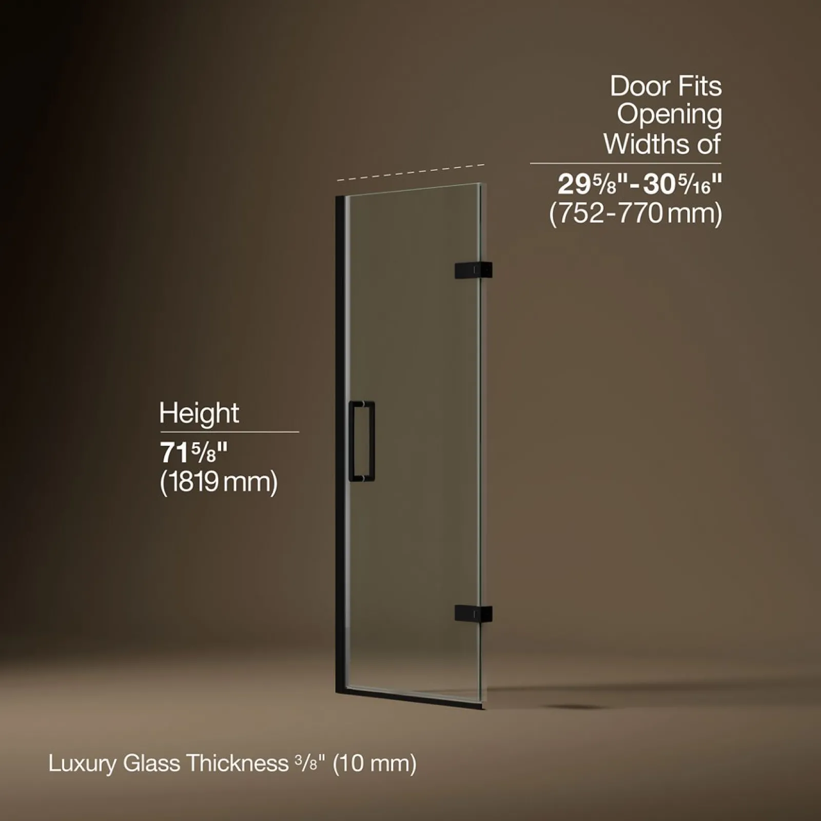29-5/8"-30-3/8" W x 71-5/8" H pivot shower door with 3/8"-thick Crystal Clear glass^Kohler Hot