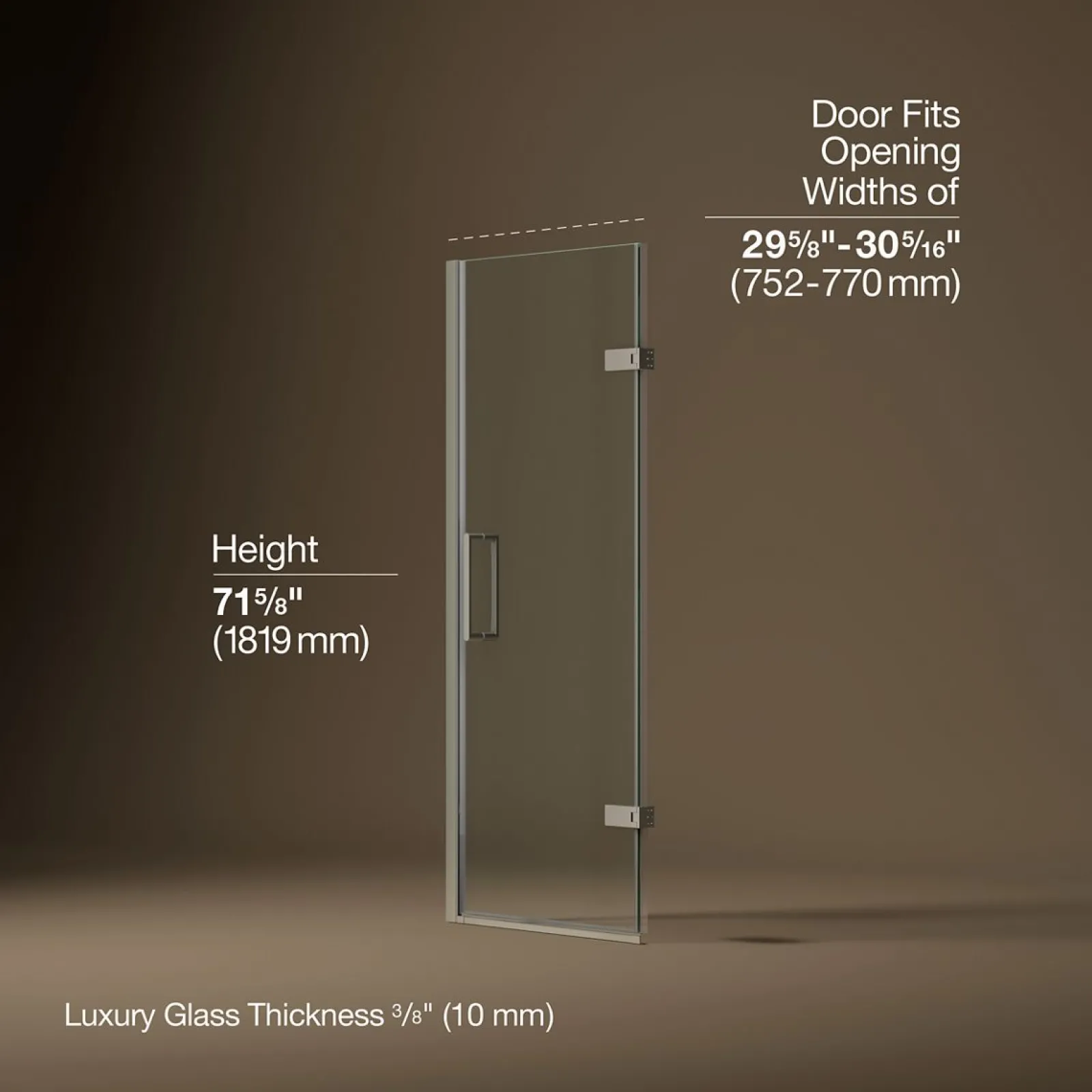 29-5/8"-30-3/8" W x 71-5/8" H pivot shower door with 3/8"-thick Crystal Clear glass^Kohler Hot