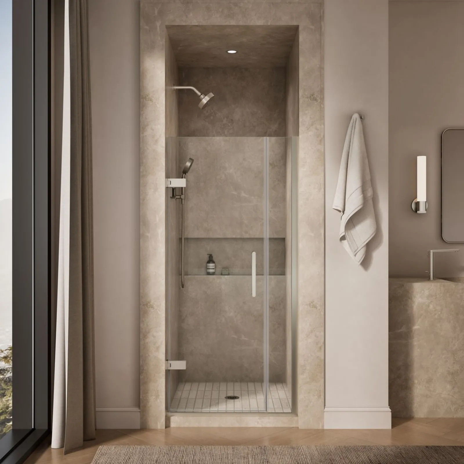 33-5/8"-34-3/8" W x 71-9/16" H pivot shower door with 3/8"-thick Crystal Clear glass^Kohler Clearance